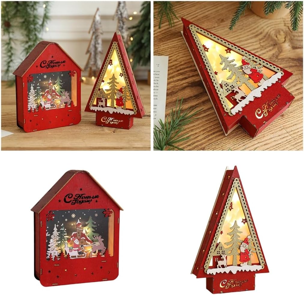 Holiday Christmas Wood Miniature Village House with LED Light Cabin Ornament Decors for Desk and Book Shelf Display
