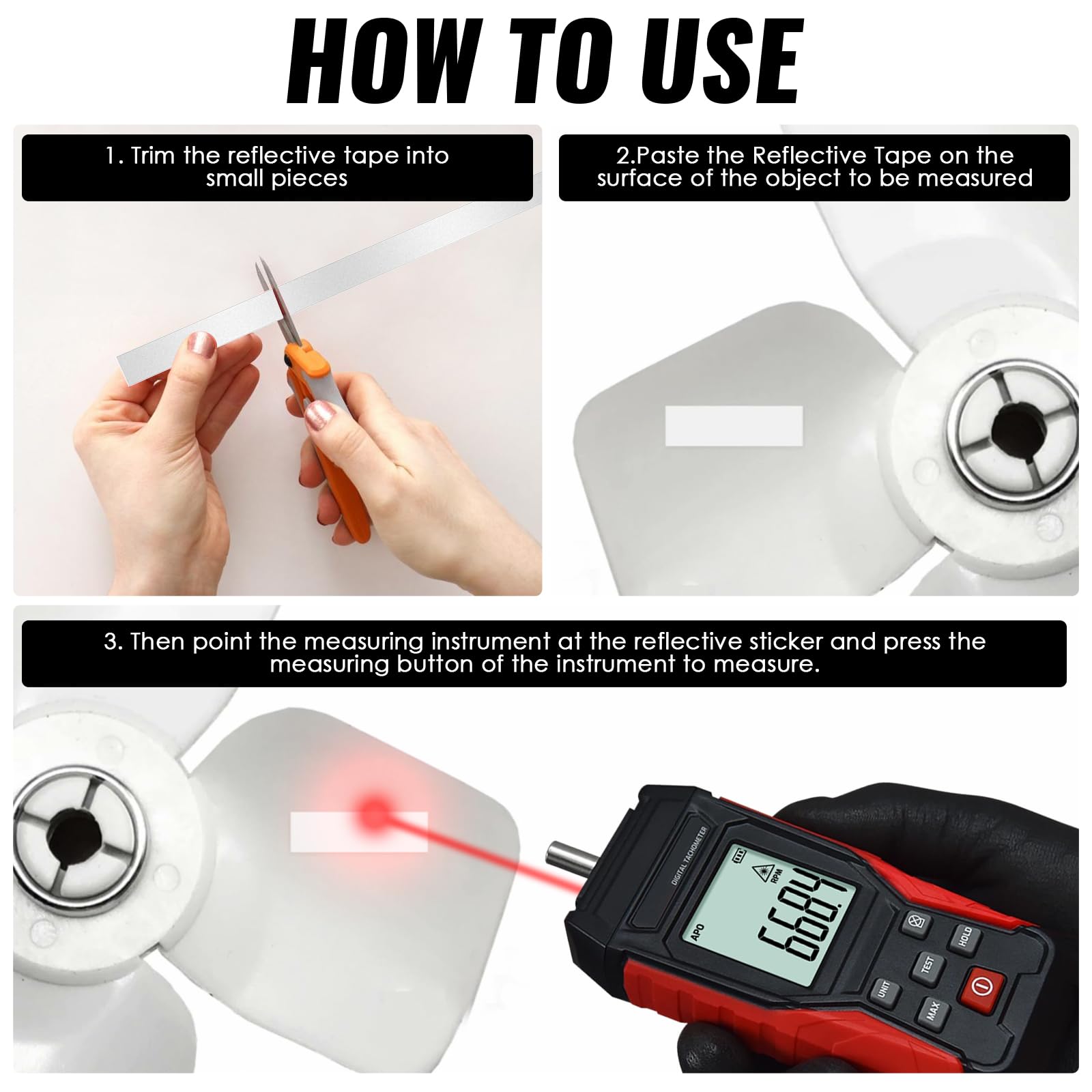 Tacómetro digital de modo dual con medidor de RPM y sin contacto, con pantalla LCD retroiluminada, retención máxima/mínima, 3-99999RPM + 10 cintas reflectantes para probador de velocidad fotográfica