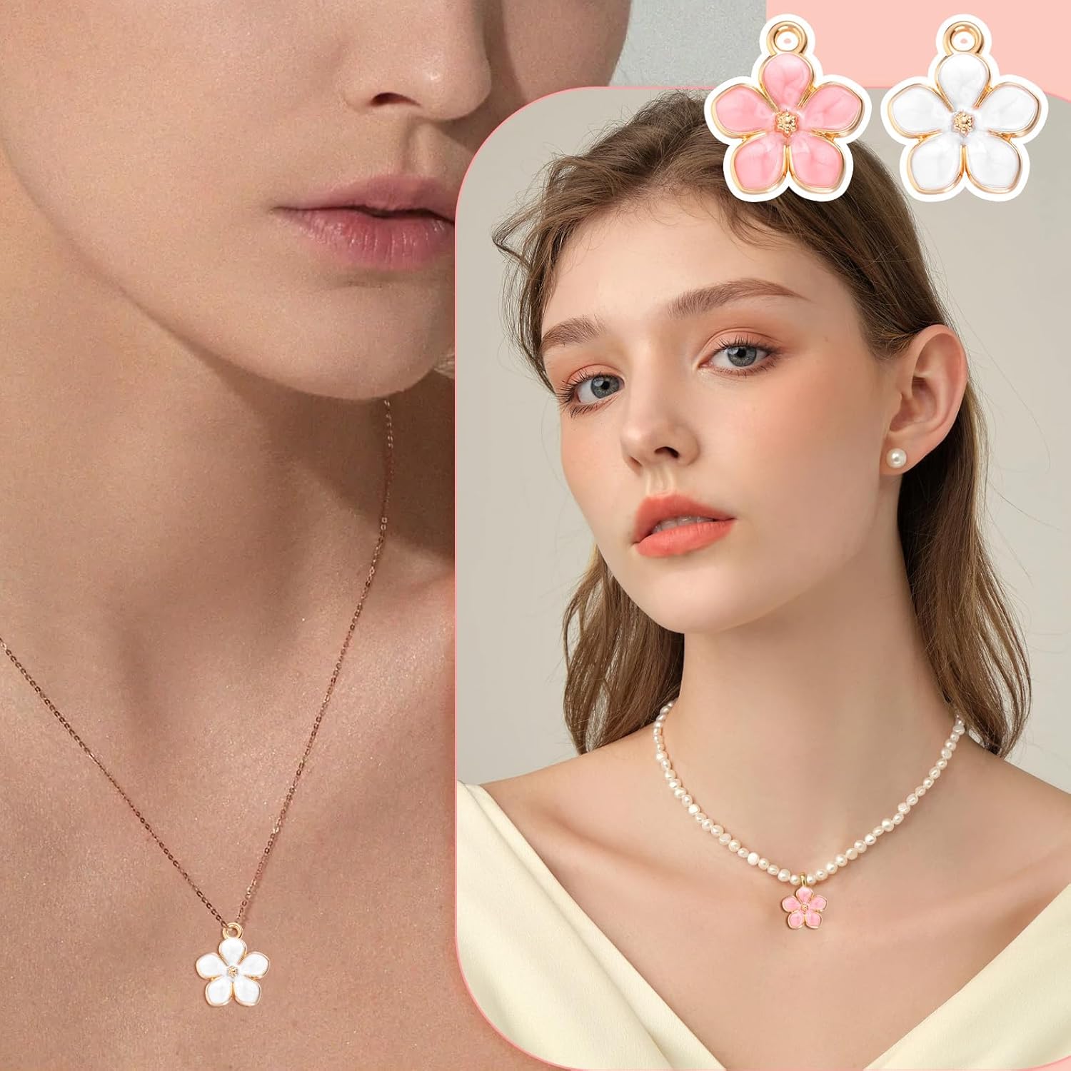 20 Pcs Flower Enamel Charms, Cherry Blossom Gold Plated Pendants Cute Small Flower Jewelry Making Charms Decor for DIY Bracelets, Necklaces, Earrings, Keychains, Handmade Crafts Gifts​ (White/Pink) - Image 3