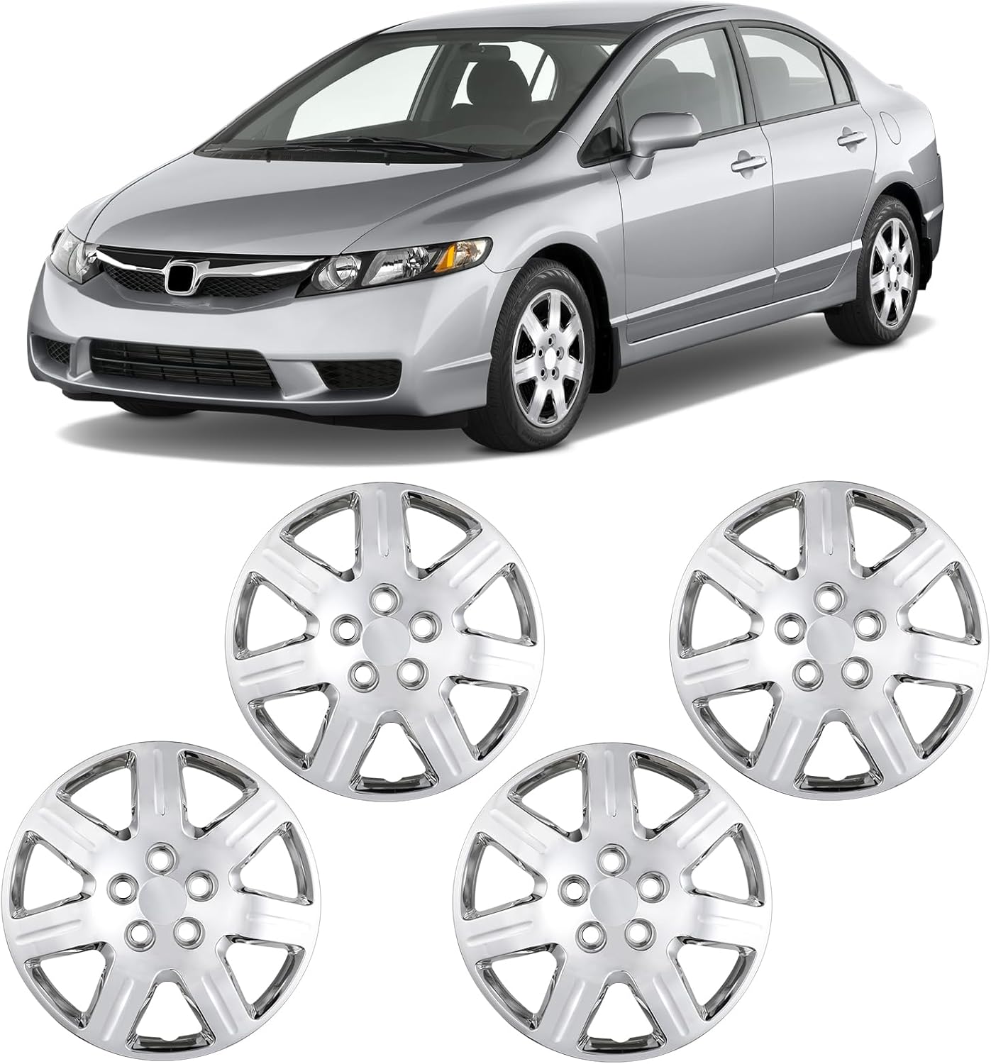 WolfX 16 Inch Hubcaps Set of 4 Wheel Rim Cover for Honda Civic 2006-2011 (Only Fit for Steel Hub) ABS+PC Material Wheel Rim Hub Cap Replacement, Chrome