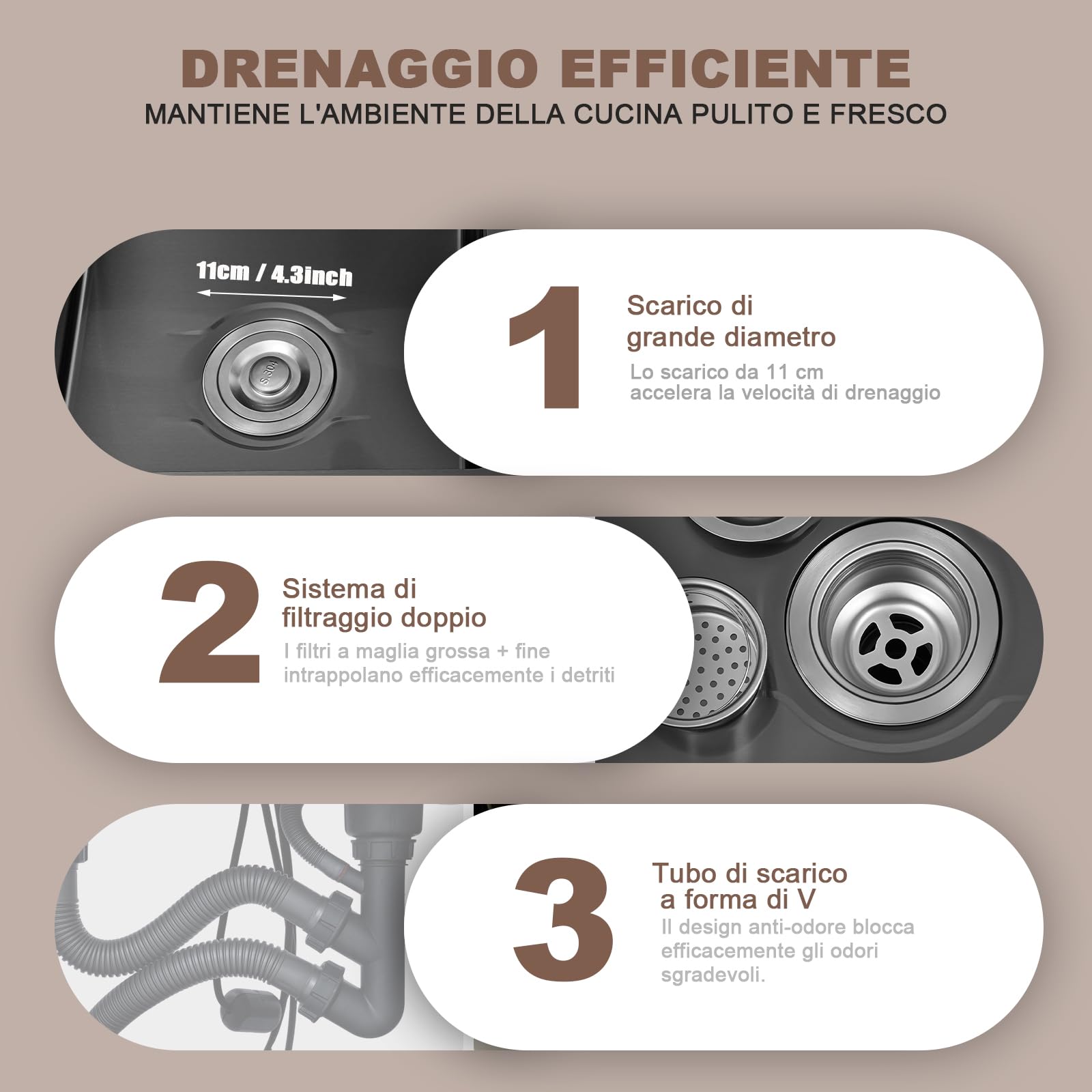 Lavello da cucina autoportante, lavello per bucato con armadio in legno, lavello in acciaio inox con doppia vasca, lavello a 2 vasche con rubinetto estraibile, scolapiatti, dispenser di sapone (nero