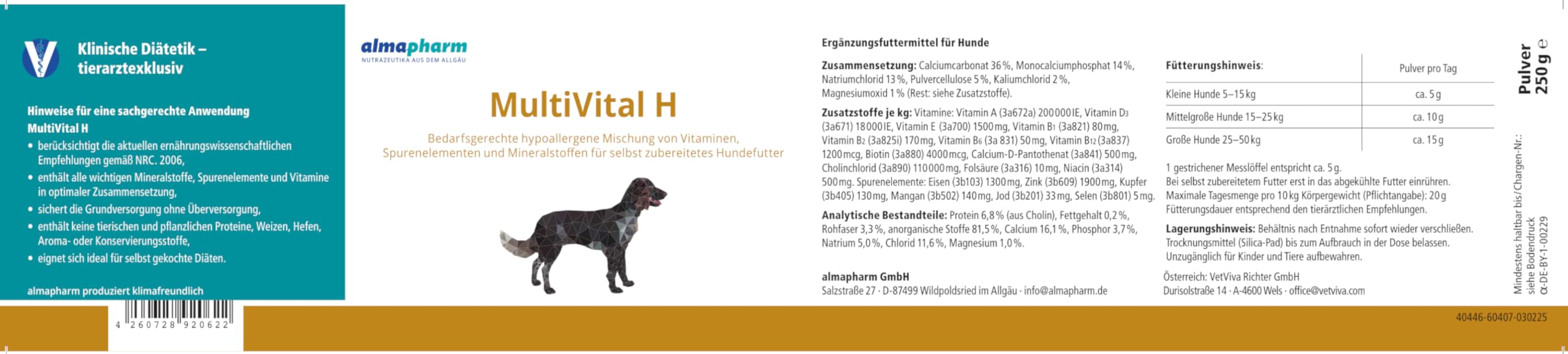 almapharm MultiVital H | 250 g | Ergänzungsfuttermittel für Hunde | Bedarfsgerechte hypoallergene Mischung von Vitaminen, Spurenelementen und Mineralstoffen