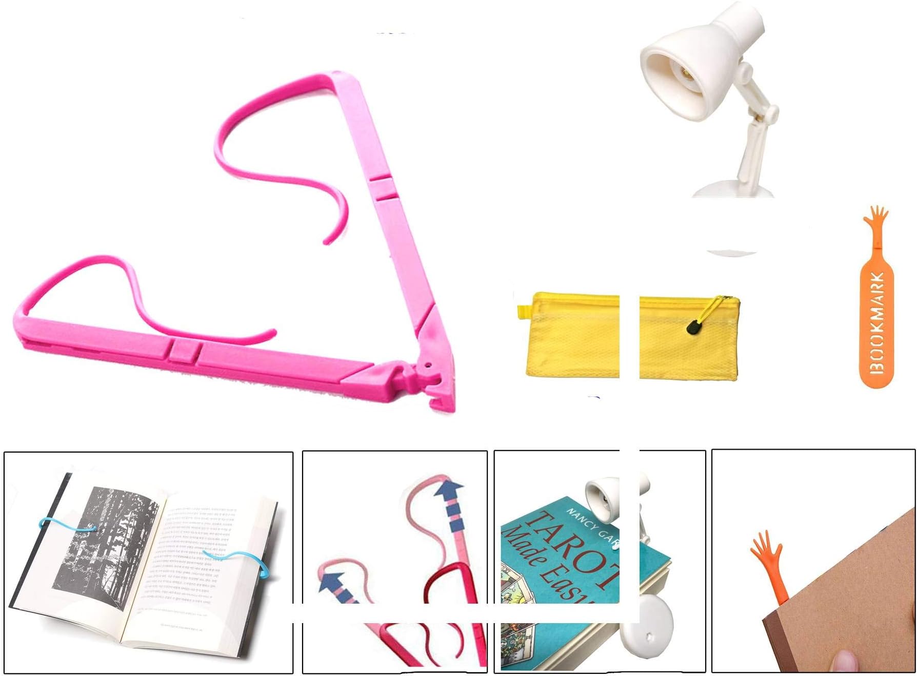 Book Holder for Reading Hands Free Adjustable Size (Easy to Turn Page) Set with 2 in 1 LED Book Light Clip on & Stand (Battery Operated) in Water Proof Zipper Pouch and Free Help Me Bookmark