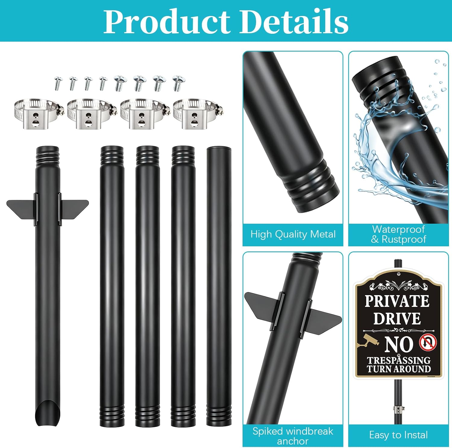 1 Pack 6.7ft Tall Sign Post, Round Street Sign Steel Pipe with Black Powder Coating for Outside Garden Yard Street Parking