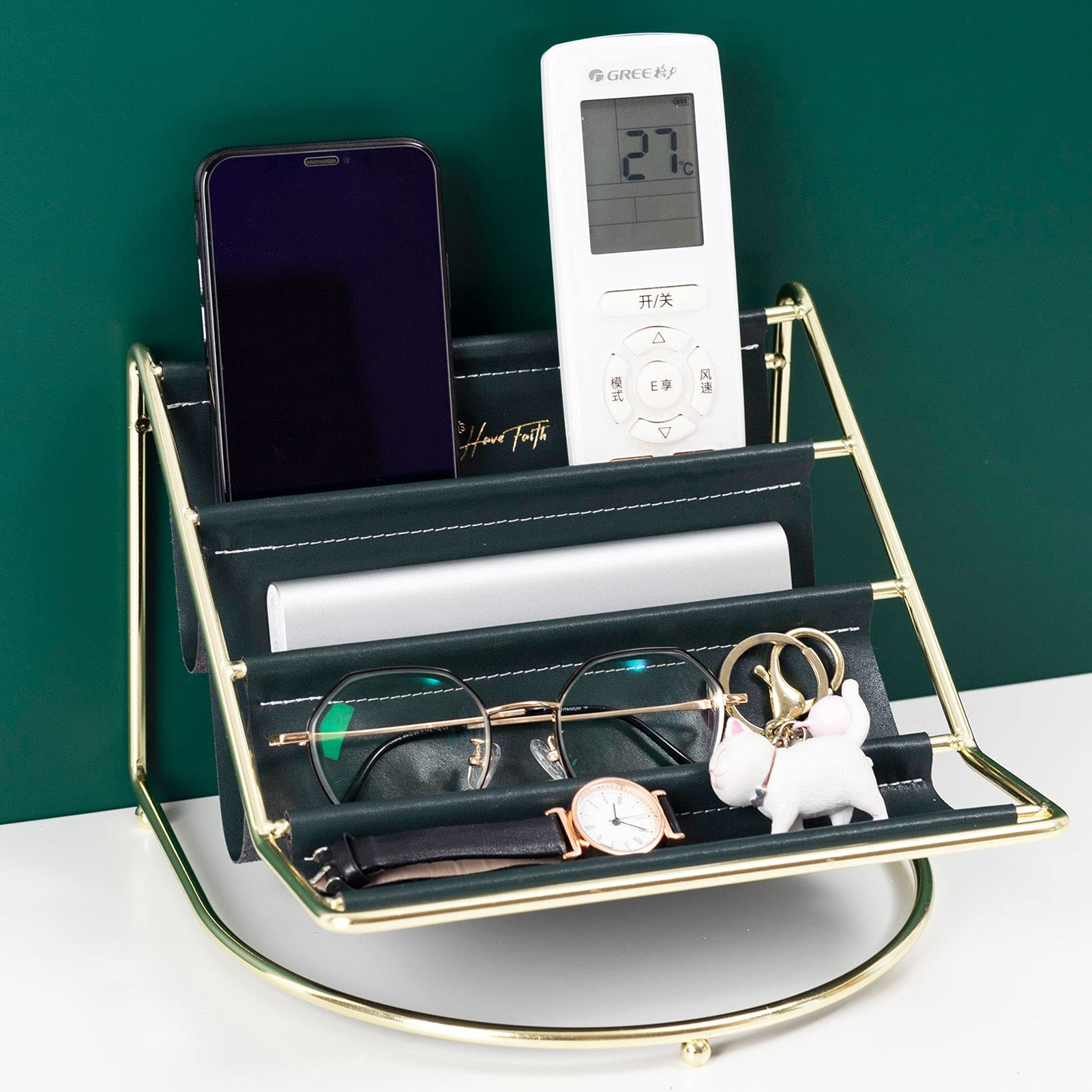 Baffect Remote Control Holder Storage Caddy, Leather Desk Organizer with 4 Compartments,Entryway Storage for Jewelry Sunglasses Keys TV Remote shelf Stationery Rack (Dark Green)
