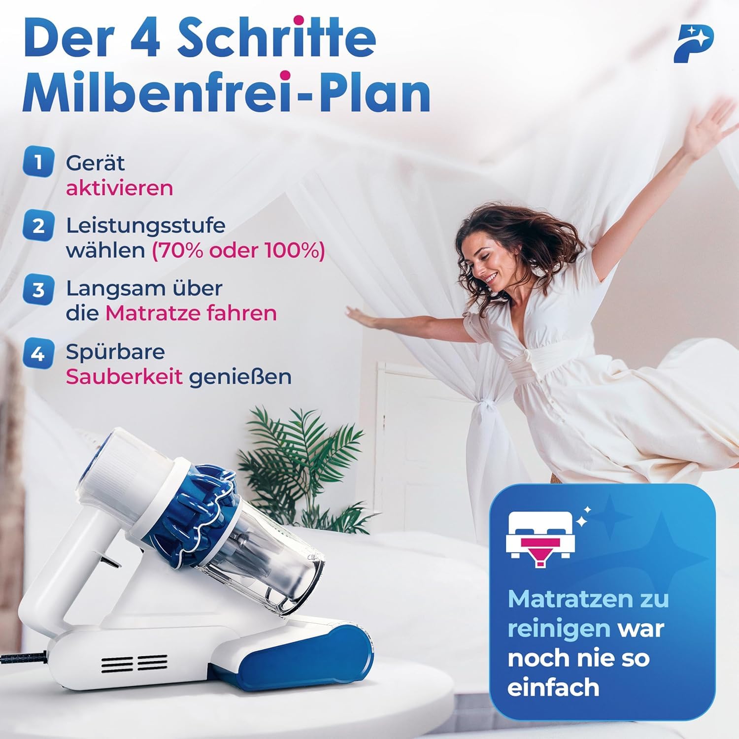 Primavella Milbenstaubsauger für Matratze Bett mit UV-Licht HEPA-Filter Tierhaare
