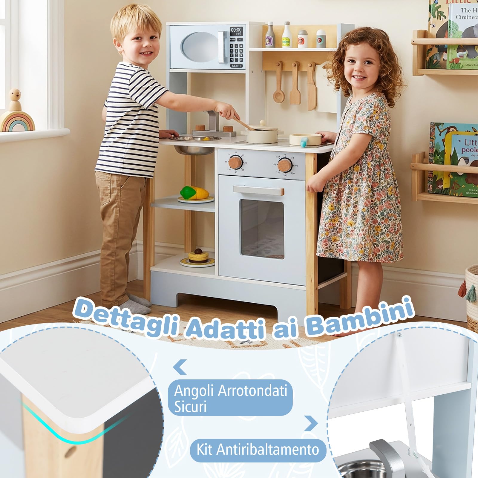 COSTWAY Cucina Giocattolo in Legno per Bambini, Set Cucina Gioco con Lavagna e Accessori Completi, Gioco di Finzione per Bambini 3+ Anni, 61,5 x 26 x 85 cm