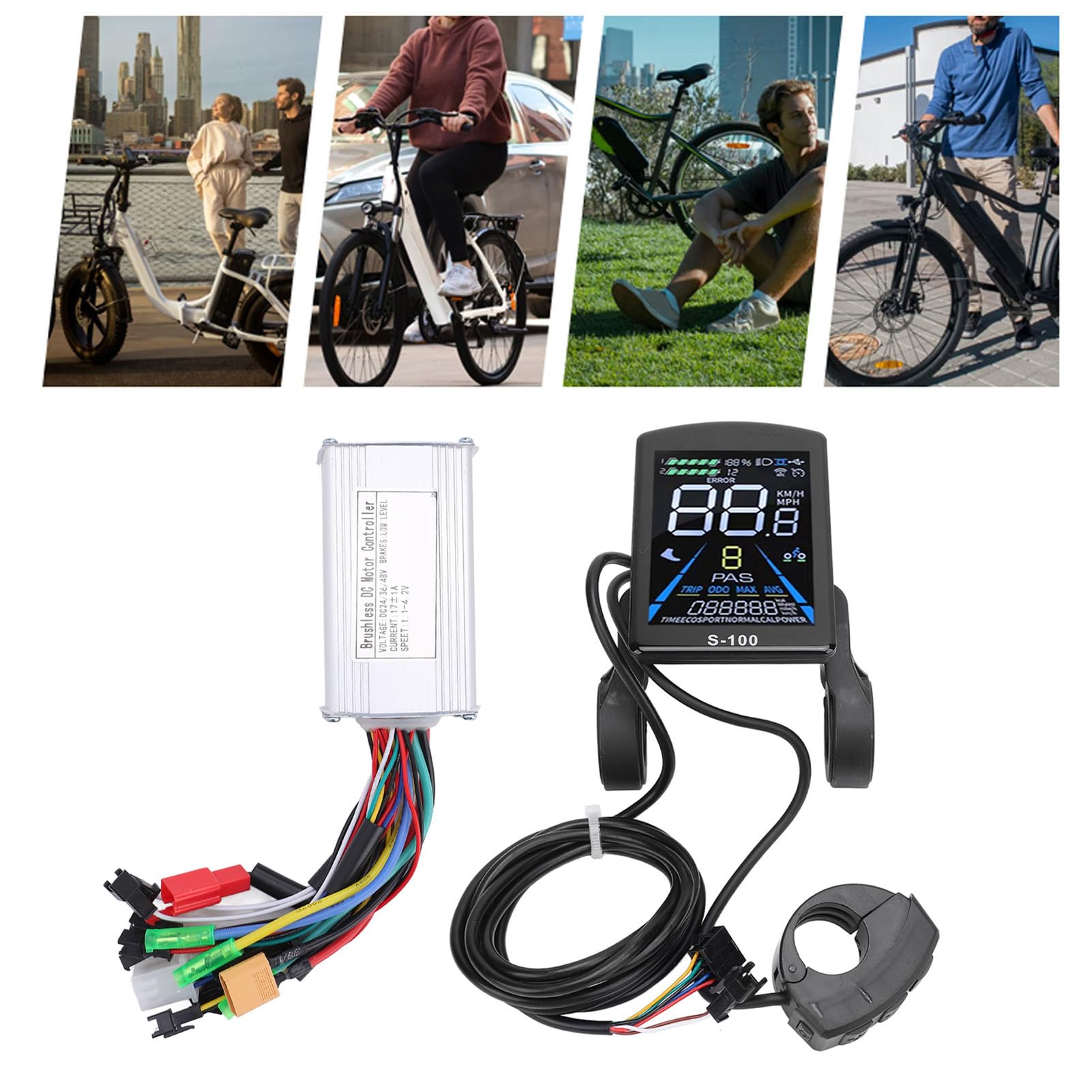 BuyWeek Kit Controller Brushless Bici Elettrica, 36V 48V 250W 350W 17A Controller Onda Sinusoidale 3 modalità con Display LCD a Colori S-100