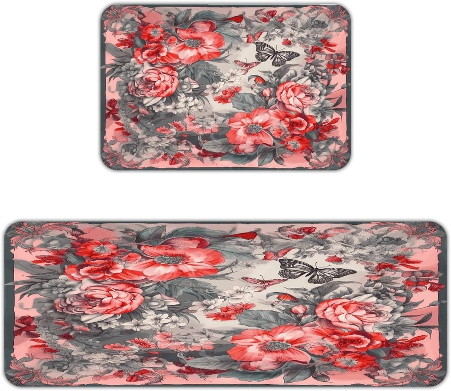 Gray Butterfly Pattern Kitchen Mats with 2PCS Non-Slip Washable,Kitchen Rug Heavy Duty Durable, Floor Mats for Kitchen,Office,Sink,Laundry