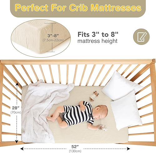 Miniatura 2 de Sábanas de cuna 100% algodón, sábanas de musina para colchón estándar de niño pequeño (52 x 28 pulgadas), sábanas bajeras suaves y transpirables