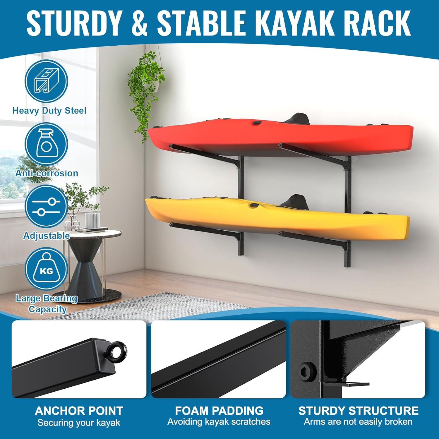 Kayak Storage Rack, Kayak Wall Mount Rack, Kayak Rack for Garage, 2 Tier Adjustable Kayak Racks for Hanging Indoor Outdoor Holds 200 LBS