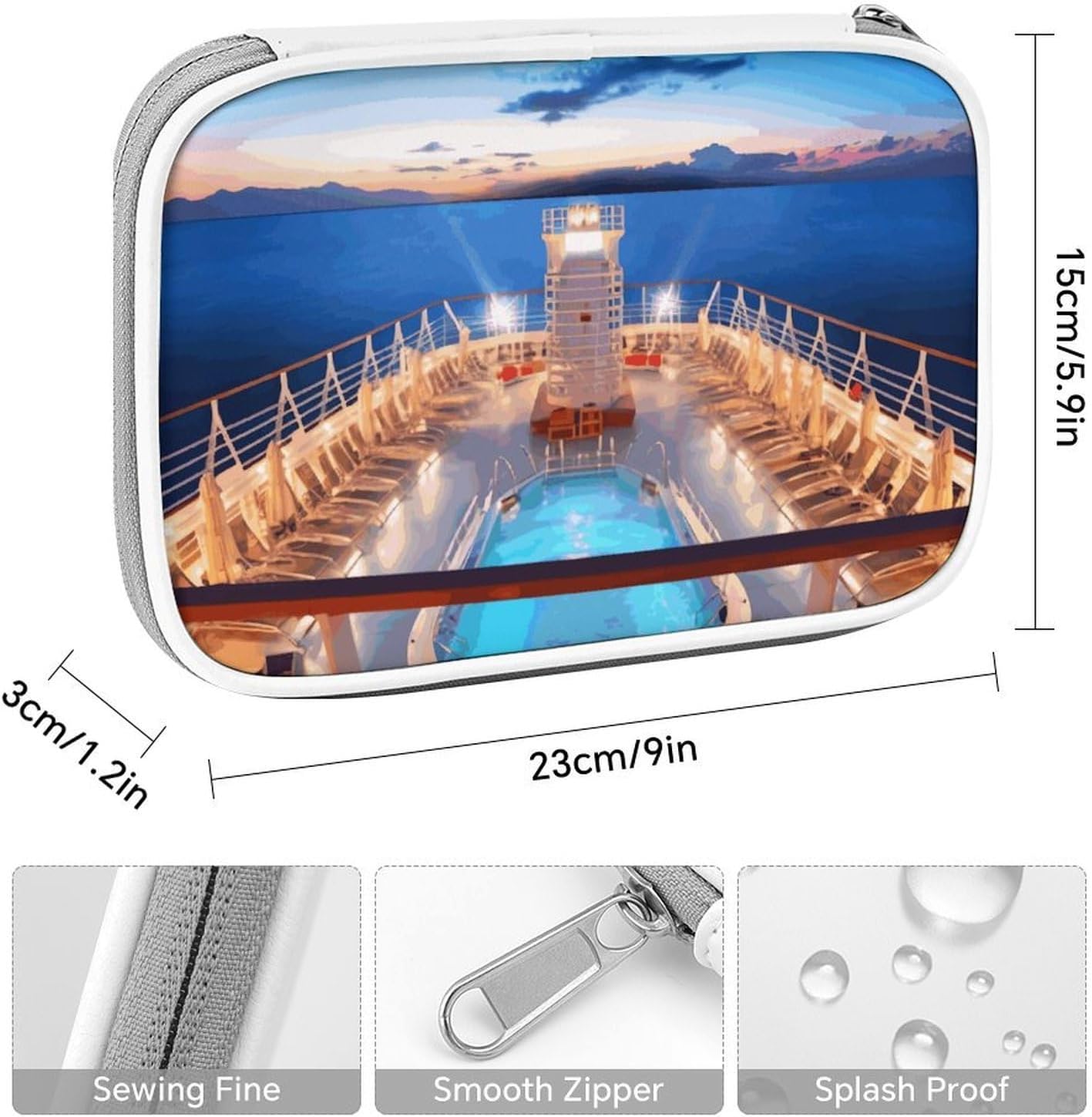 Pool Party Cruise Ship Multi-Functional PU Pen Case, Waterproof Zipper Stationery Organizer, Portable Storage Pouch for Office Supplies Cosmetics Travel Accessories And Daily Use image 2