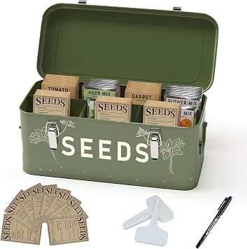 Orionstar Metal Seed Storage Organizer, 4 Compartments, Vintage Dark Green | Alloy Steel, Side Handles, Latch Closure, Fits 3x5 Packets, 30 Envelopes, Plant Labels
