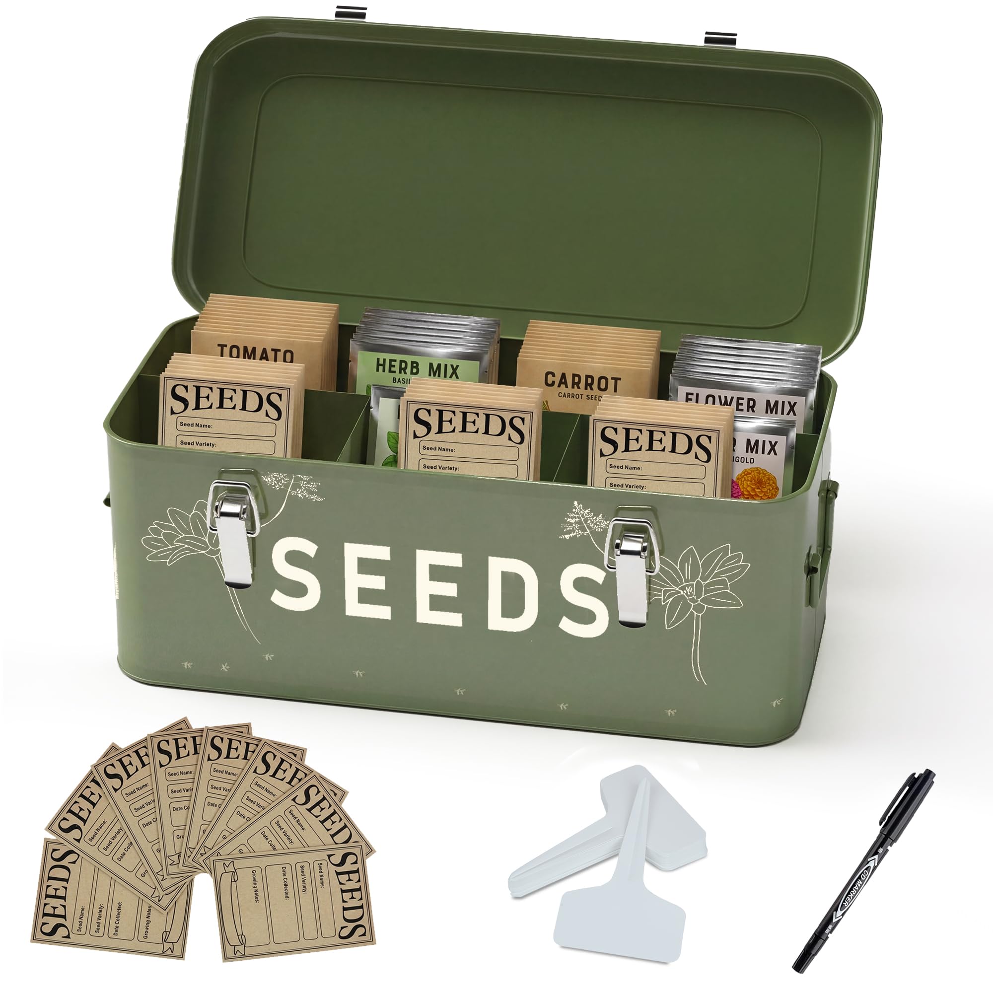 Orionstar Saatgut-Aufbewahrungs-Organizer, Samen-Sparbox aus Metall mit 30 Pflanzenetiketten und 30 Samenumschlägen