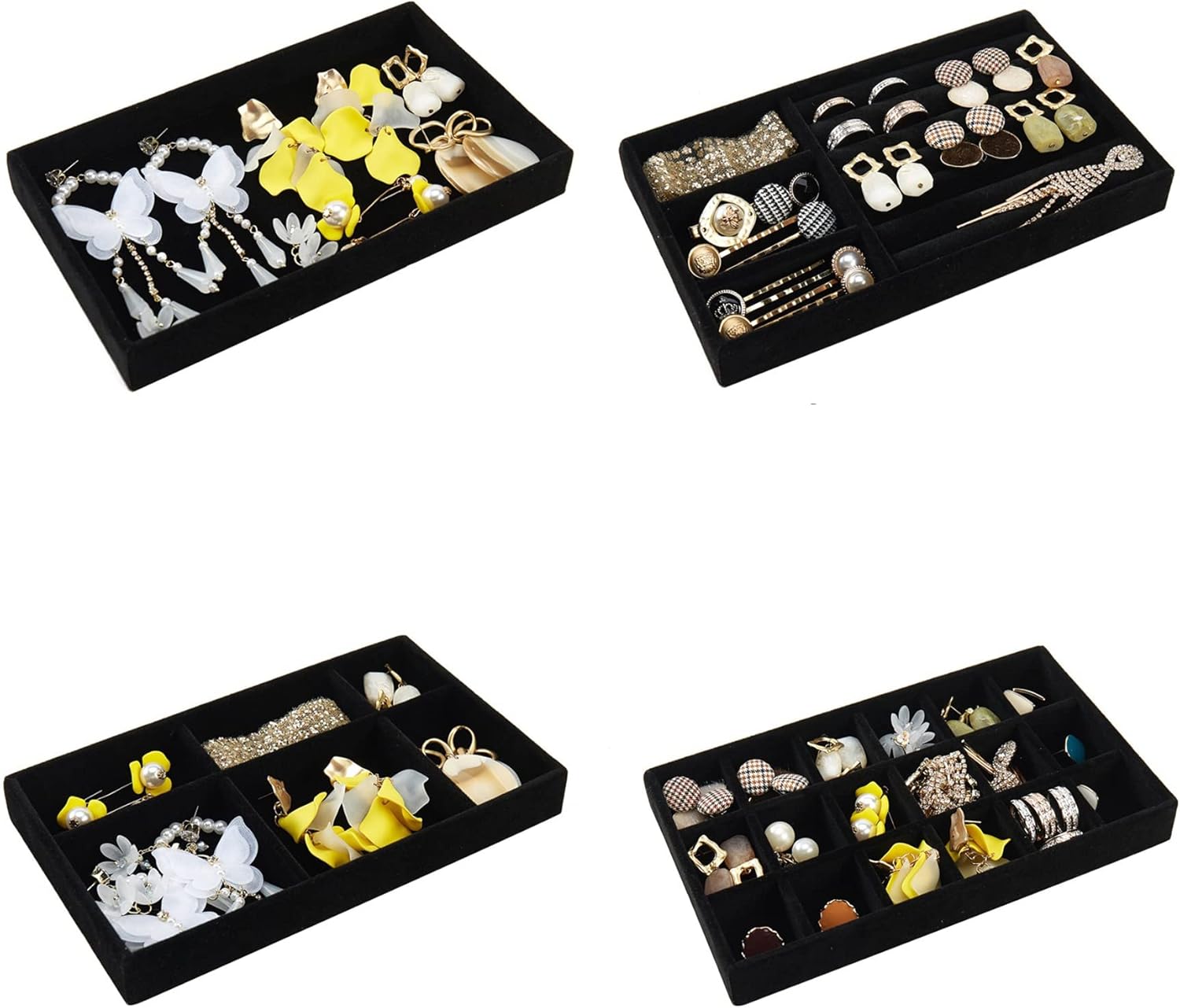 Black Stackable Velvet Jewelry Organizer for Drawers Inserts Earrings Bracelets Necklace Rings Accessories Trays Set of 4 (BLACK A)