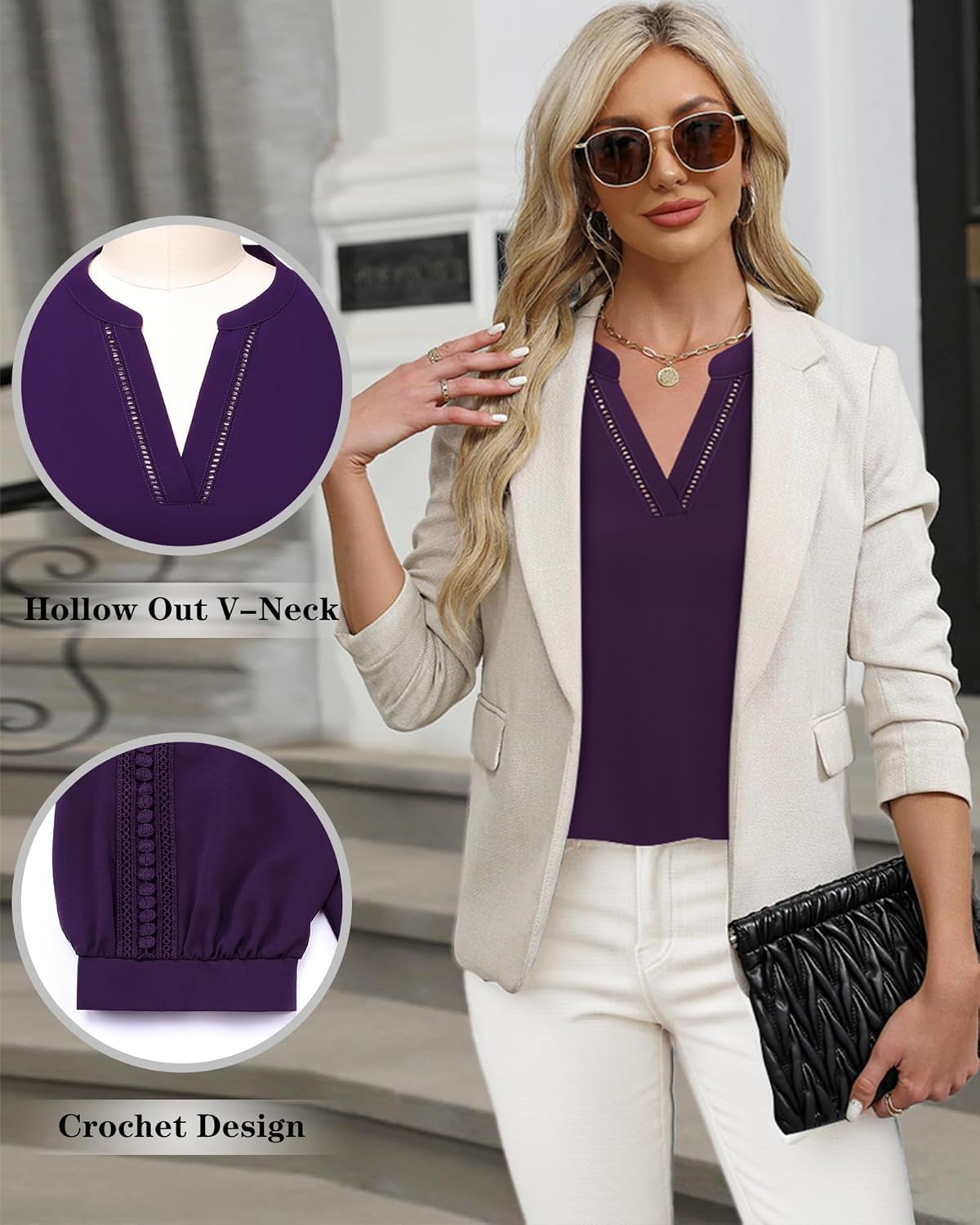 Unixseque Women's 3/4 Length Sleeve Blouses Chiffon V Neck Business Casual Tops Ladies Work Shirts - Image 4