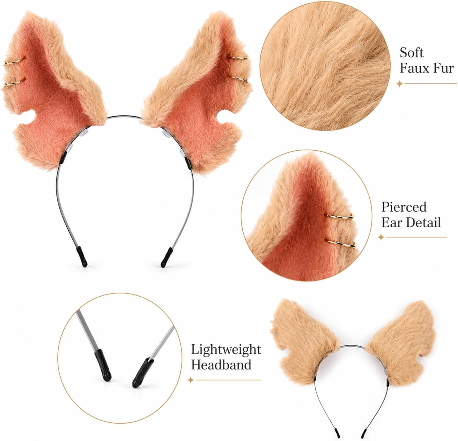 Faux Fur Wolf Ear Headband with Gold Piercing, Animal Ear Costume Accessory for Women and Adults, Plush Cosplay Headband for Halloween Party Dress Up
