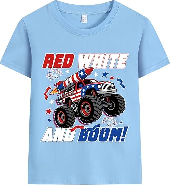 Boys 4th of July T-Shirt Kids American Tee Monster Trucks Tractor Independence Day Patriotic Tops Short Sleeve 2-7 Years