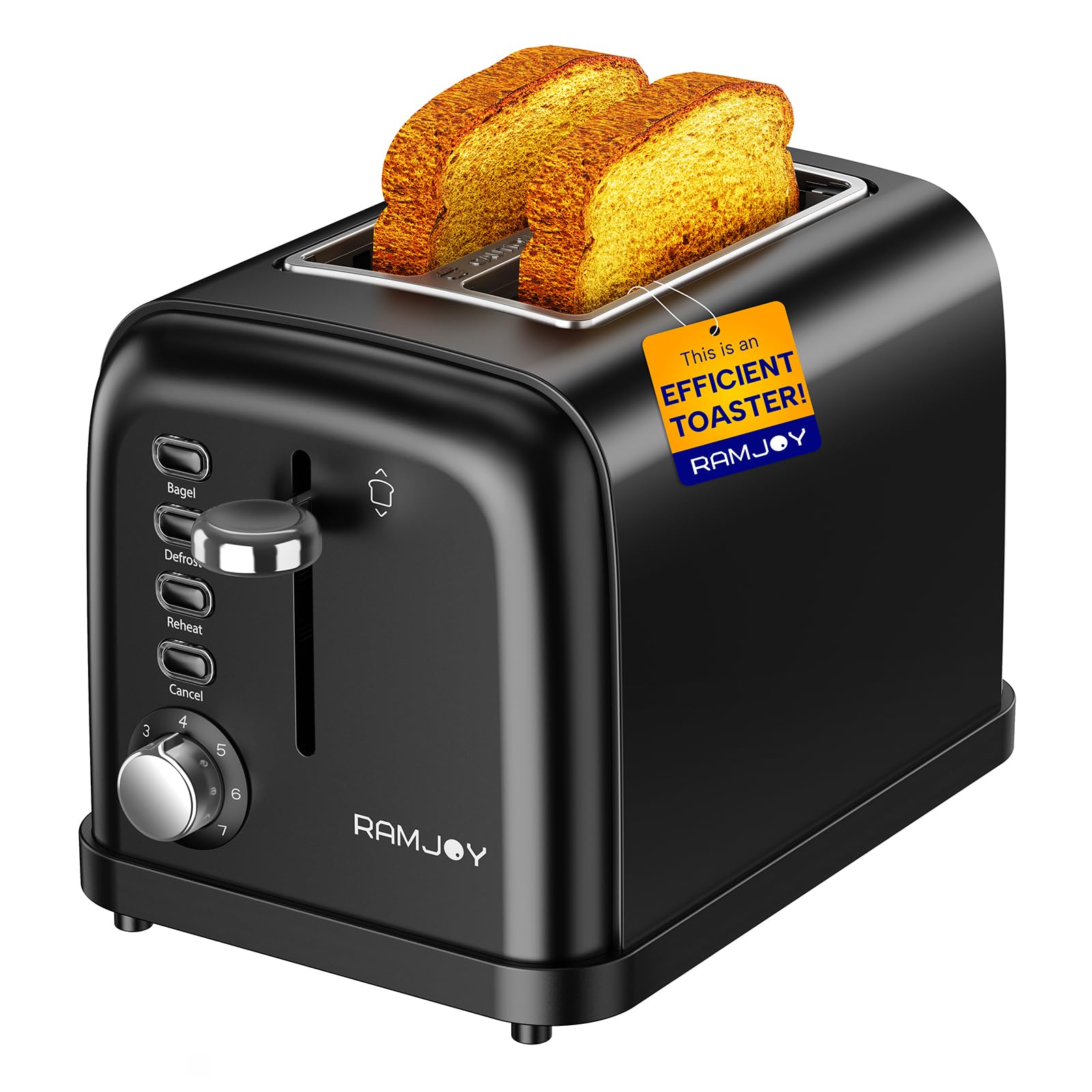 Photo 1 of RAMJOY Black Toaster 2 Slice, Extra Wide Slot Toaster for Bagels, Bread, Waffles, 7 Shade Settings, 4 Main Functions, Removable Crumb Tray, 900 Watts Toasters, Black Stainless Steel