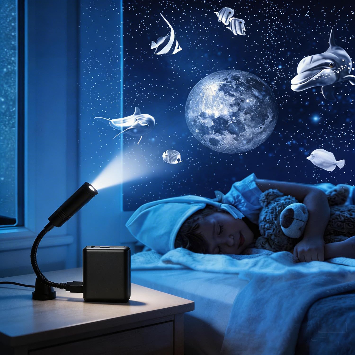 USB Power Moon Projector Night Light with Dolphins and Whales Flying Around,Angle Bendable and Image Clearness Adjustable Moon Atmosphere Projector, Christmas Birthday Gift