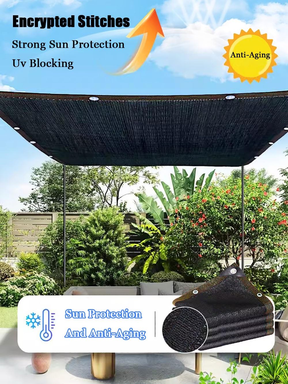 Red De Sombra con Ojales 97% UV Malla Sombreo Exterior, Toldo para Pergola, Transpirable Negro Tela De Sombra para Invernadero Jardín Patio Balcón Granero Paño(6.0 x 10.0 M)