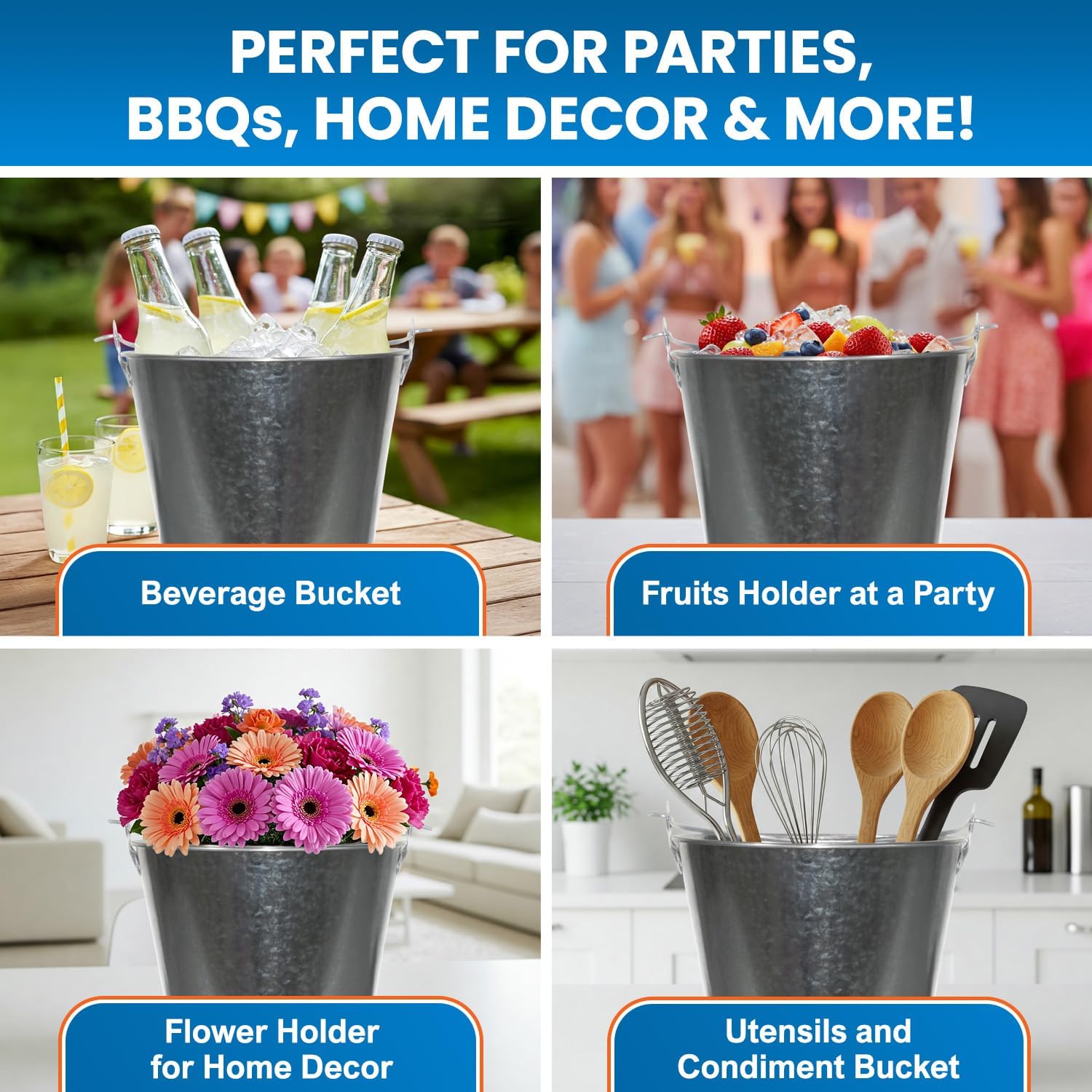 PLEXON Metal Ice Bucket for Parties Coctail Bar Restaurant - Drink Beer Champagne Metal Pail Bucket with Handle, Beverage Chiller for Valentines Day, Galvanized Steel, 1.3 Gallon, Set of 6