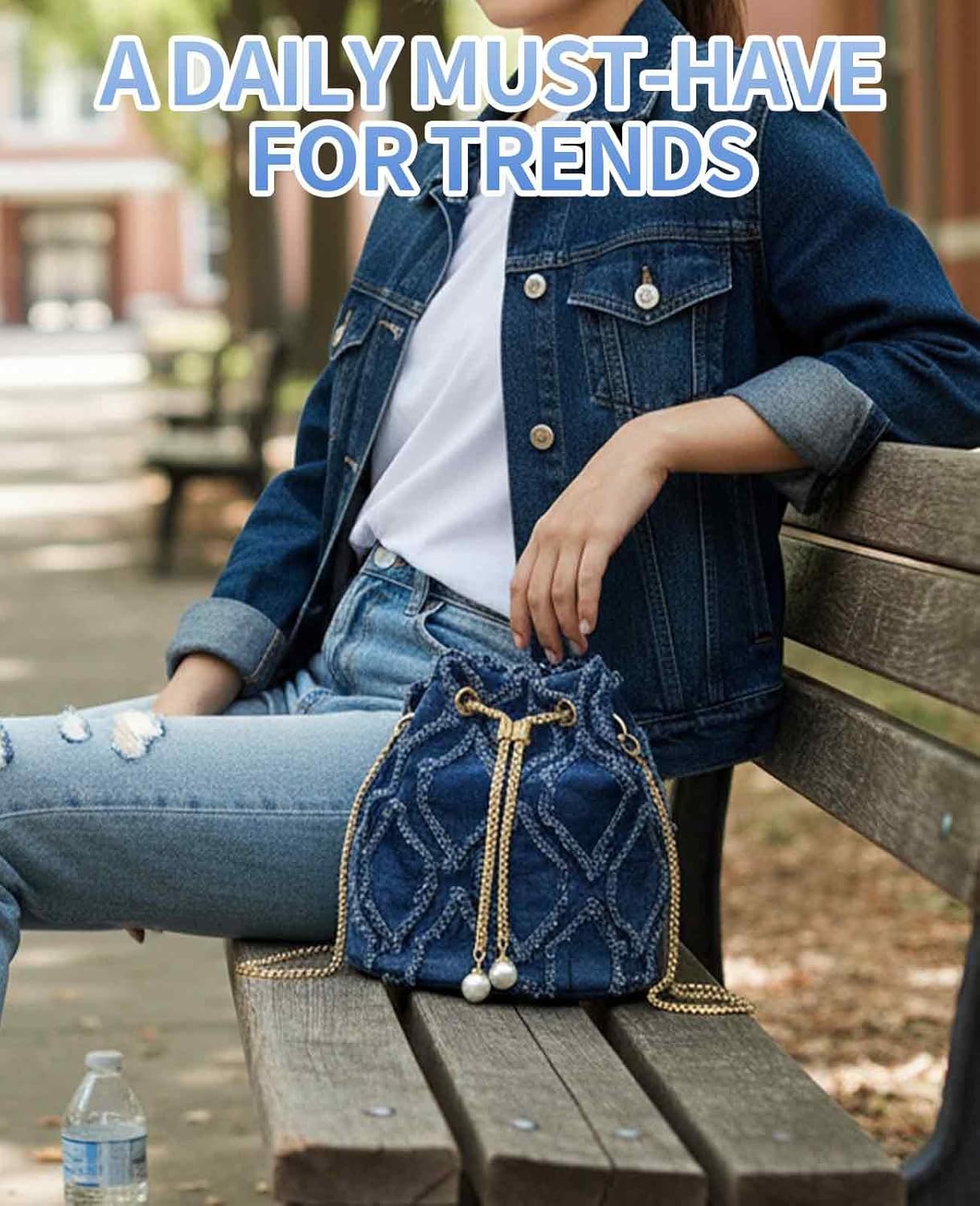 Jean Purses for Women, Denim Quilted Drawstring Crossbody Bags Bucket - Image 7