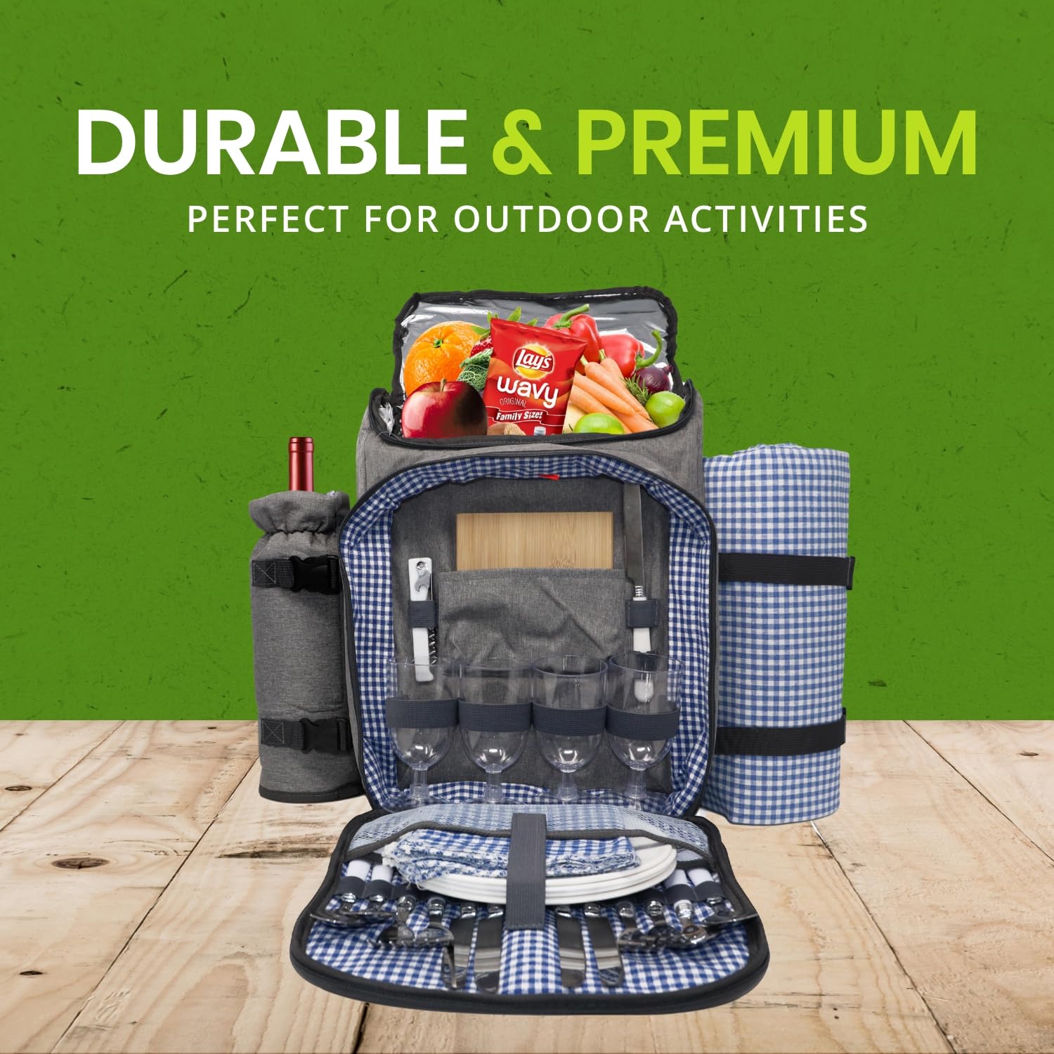 Nature Gear Mochila de Picnic XL, diseño clásico Aislado para 4 Personas, Manta Impermeable y Juego Completo de Cubiertos, Color Azul