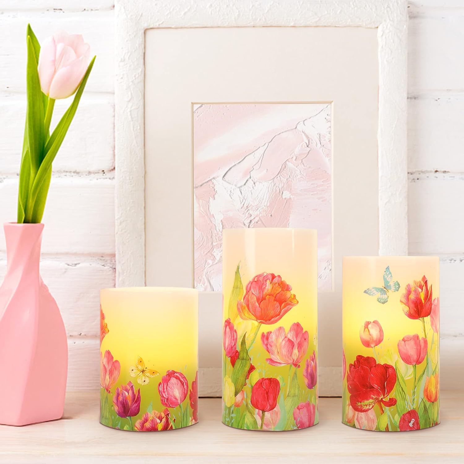 MELTONE Tulip Flameless Candles Flickering Real Wax LED Candles with Remote - Home Party Wedding Ocean Room Holiday Summer Decor - Set of 3