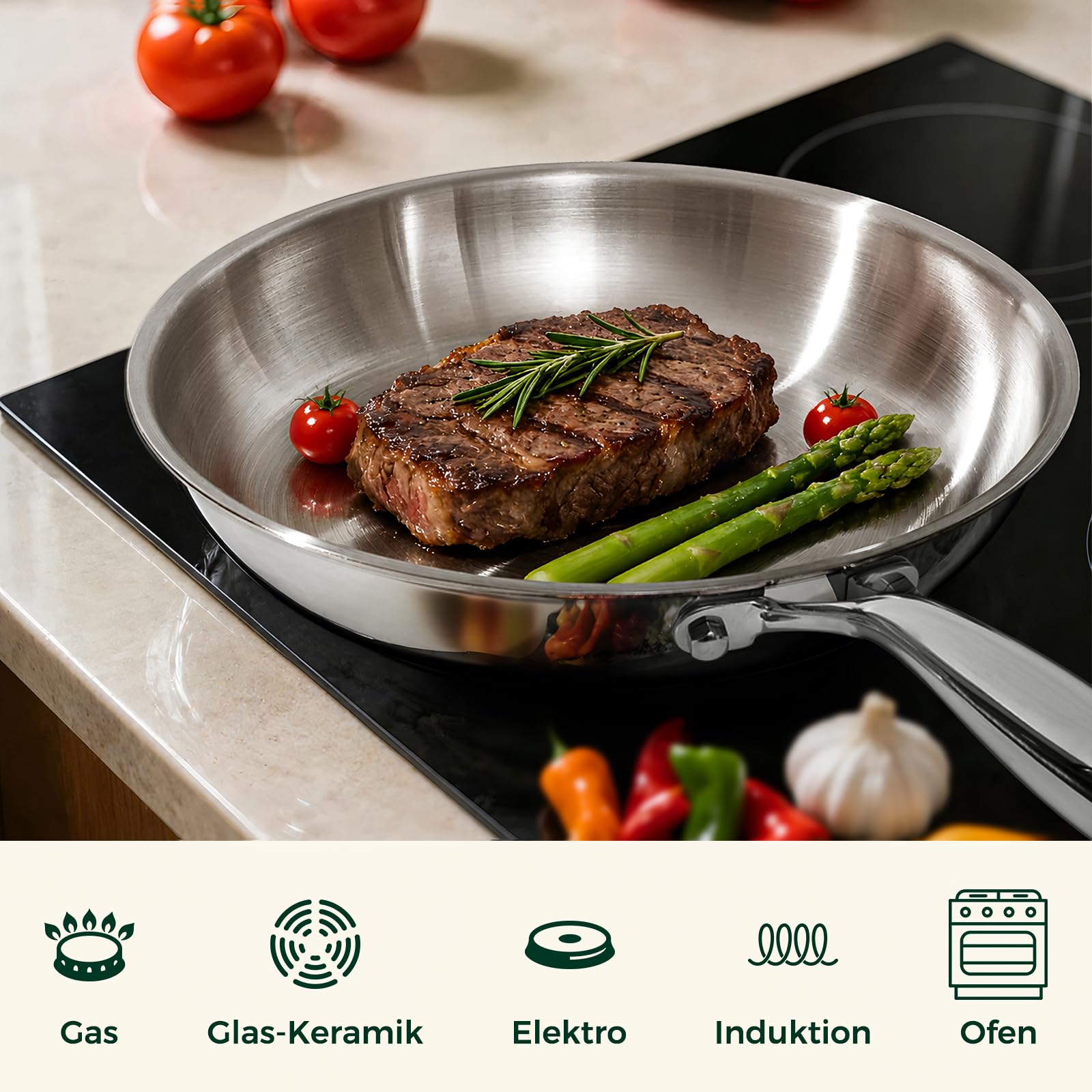 Terlulu Set di 3 padelle in acciaio inox 20/26/30 cm – Padella in acciaio inox non rivestita e padella a induzione, senza PTFE/PFAS/PFOA, per tutti i piani cottura, riscaldamento rapido, lavabile in
