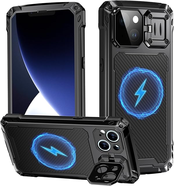 WIFORT for iPhone 14 Heavy Duty Case Shockproof Metal Phone Cases with Camera Protective Stand Compatible with Magsafe 360 Full Body Case & Bulit-in Screen Protector Dropproof Magnetic iPhone 14 Cover