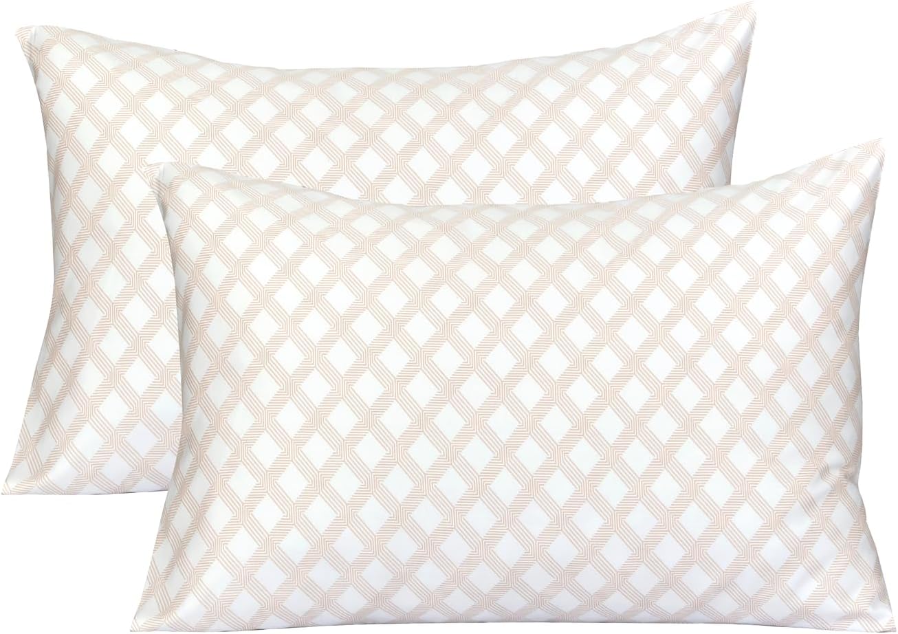 Feather & Stitch 300 TC 100% Cotton King Size Pillowcases 2 piece, Ultra Soft Set of 2 Sateen Weave Pillow Covers with Envelope Closure, Wrinkle & Fade Resistant- 20X40 Inch - Geometric Beige