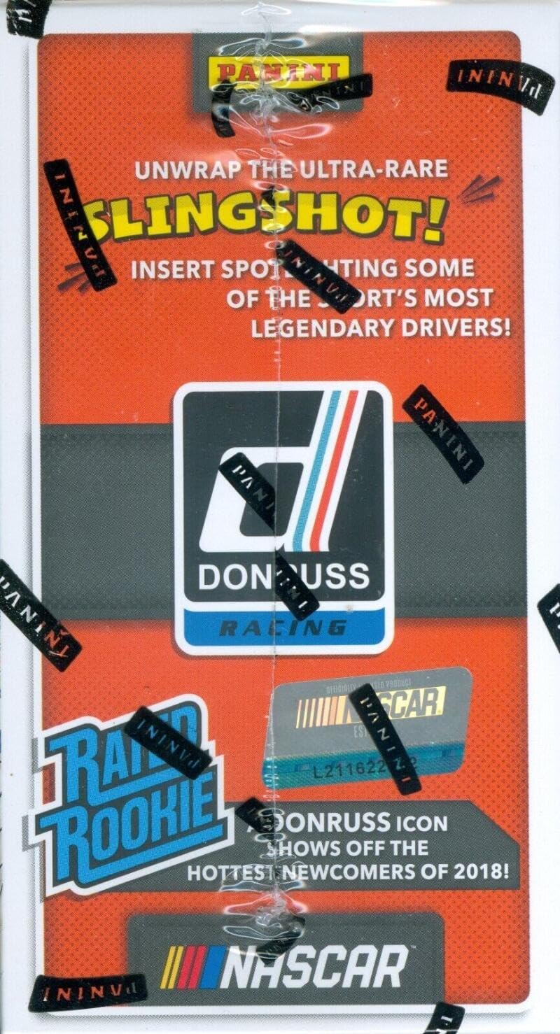 2018 Donruss Racing NASCAR Factory Sealed Blaster Box. 10 packs of 6 cards. 1 autograph or memorabilia card on average. Look for the Ultra-Rare Slingshot. Insert spotlighting some the sport's most legendary drivers. Look for Rated Rookies - A Donruss Icon shows off the hottest newcomers of 2018.