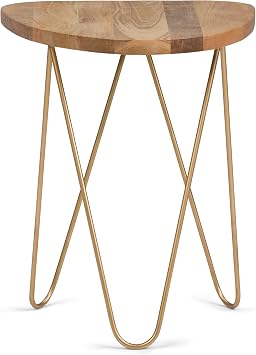 SIMPLIHOME Patrice Metal Table - 18 inch Wide Solid Wood and Metal Round Side Table in Natural and Gold, Mid-Century Modern Accent Table for Living Room or Bedroom with Hairpin Legs