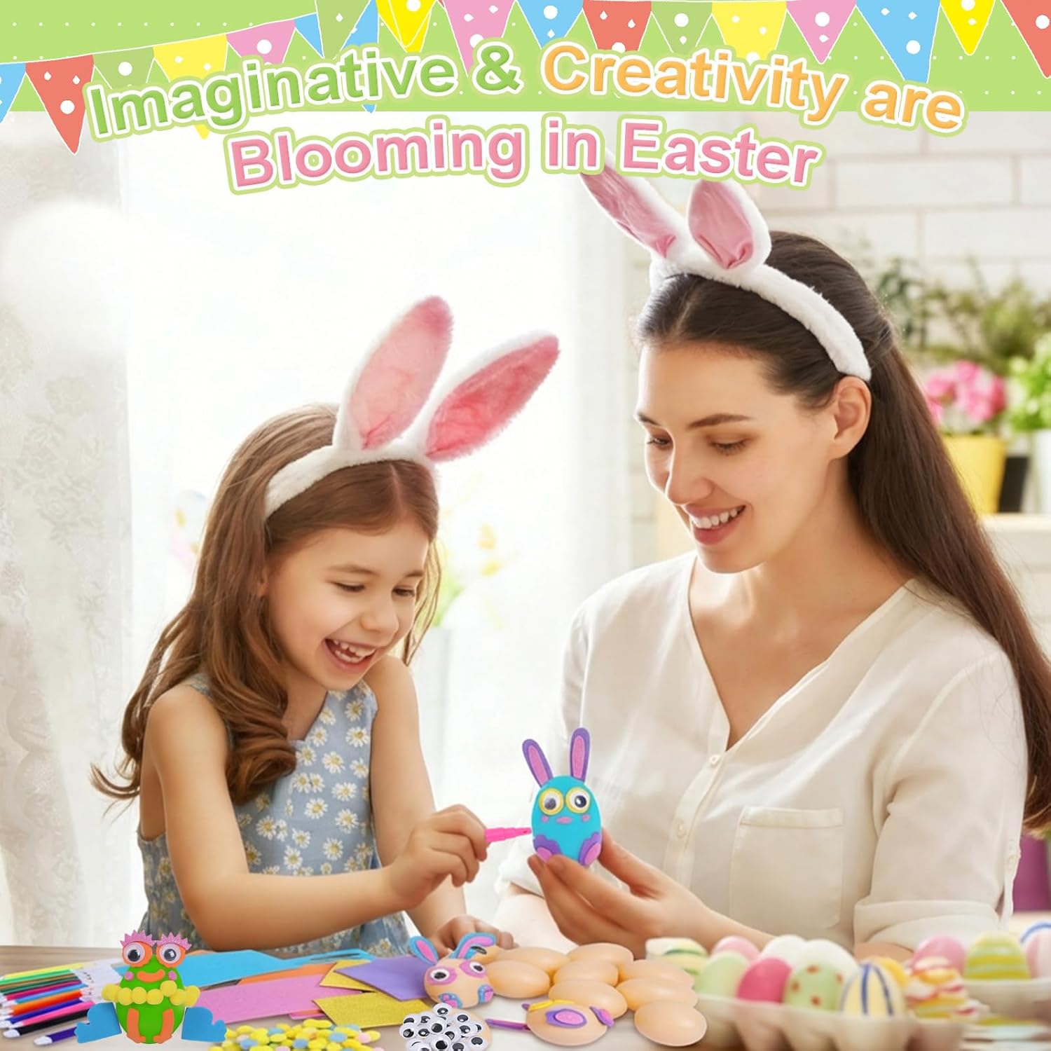 Fennoral 12 Pack Easter Egg Craft Kit for Kids Make You Own Easter Art and Craft Kit DIY Coloring Plastic Egg with Foam Sticker Pom Poms Color Pen for Classroom Arts Activity Easter Basket Stuffers