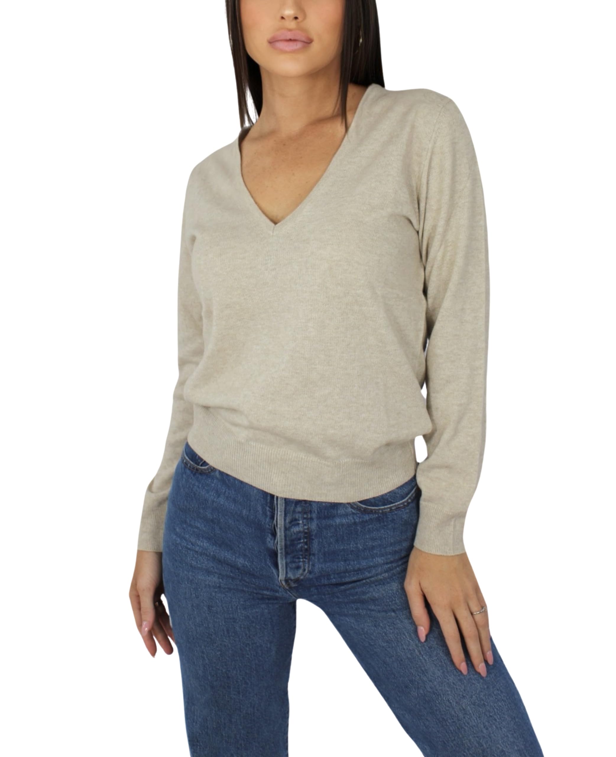 Win's Women's Cashmere V-Neck Sweater, Made in Italy, beige, XXL