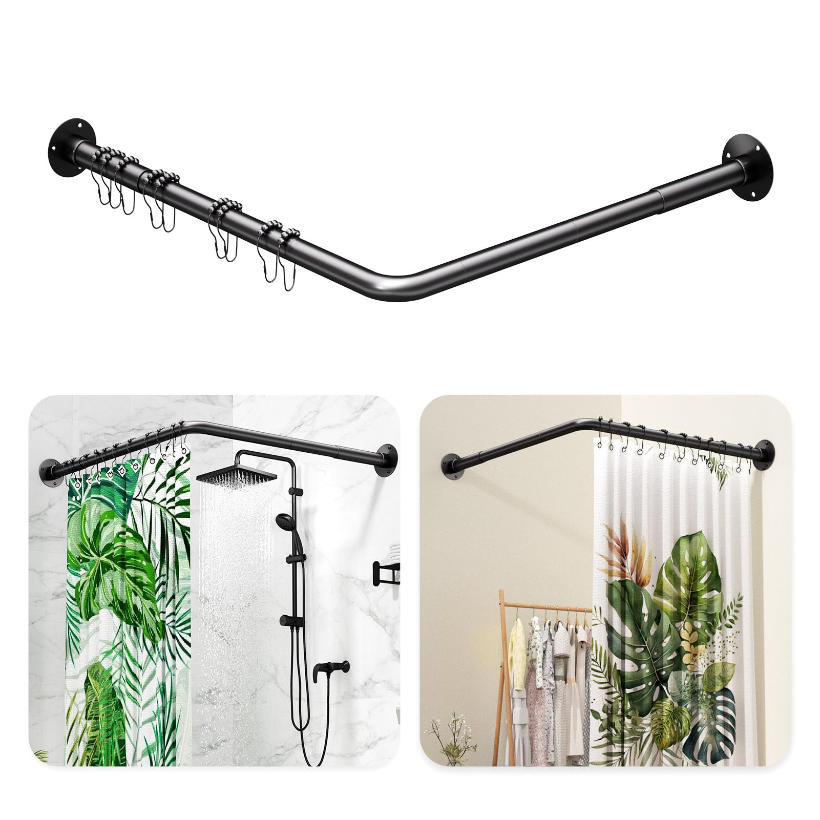 L Shaped Shower Curtain Rod - [23''-53''] x [23''-53''] Adjustable Corner Shower Curtain Rod 90 Degree Black for Bathroom Bathtub, Clothing Store with 12 Ring Hooks & Ceiling Support