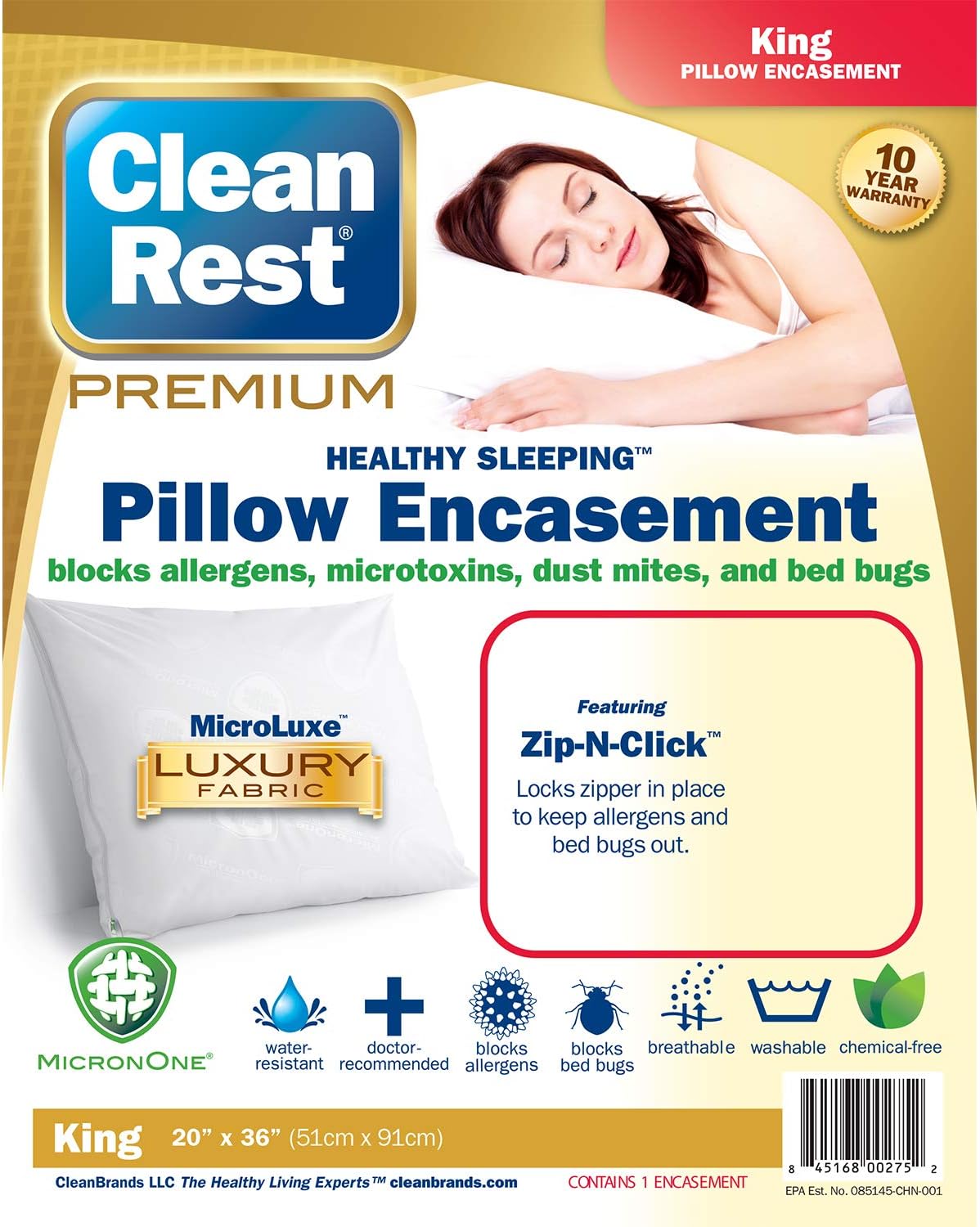 CleanRest Premium WaterResistant, Allergy and Bed Bug Blocking Pillow
