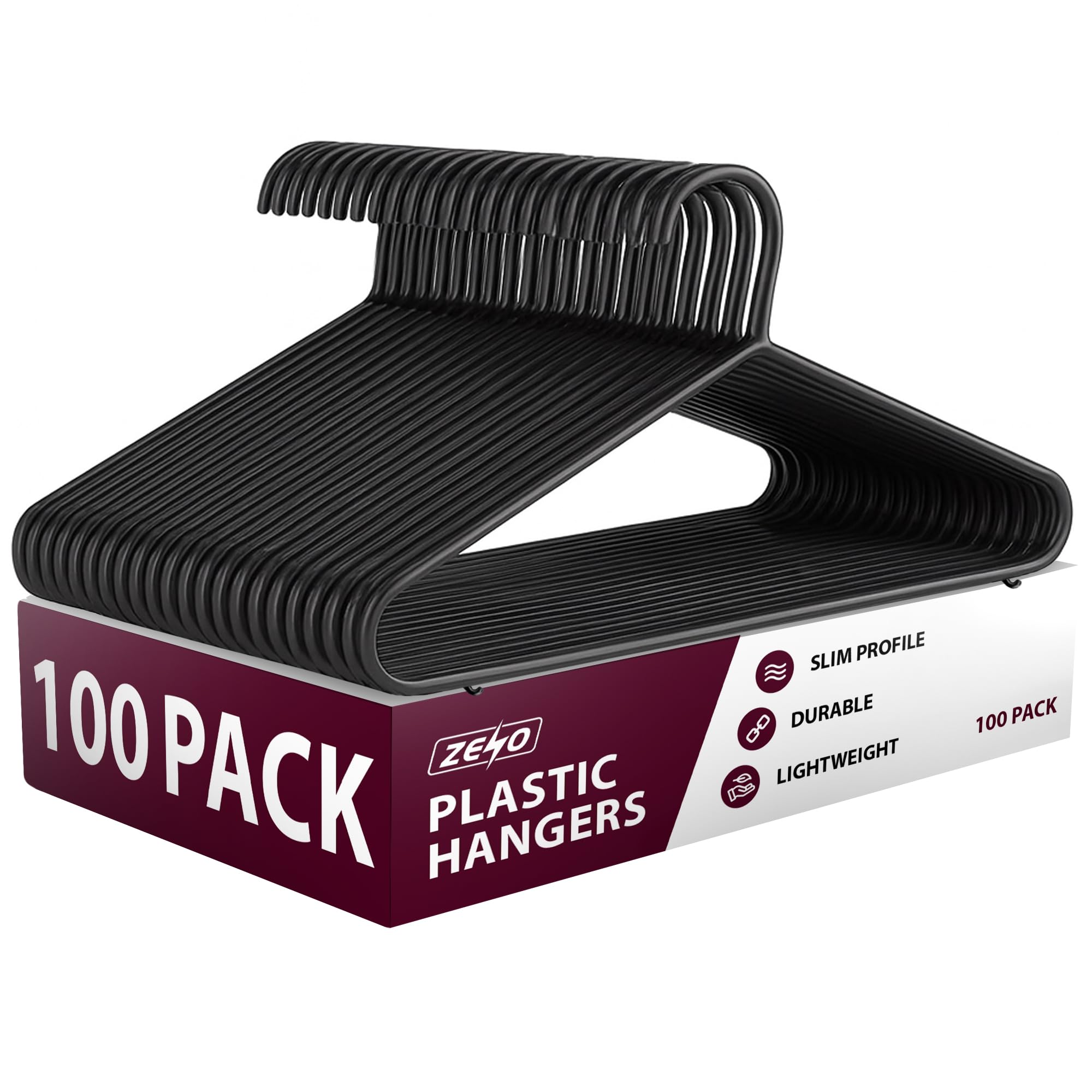 Zeno Black Plastic Coat Hangers 100 Pack | Strong Hangers For Clothes | Adult Coat Hanger For Clothes Rail & Closet | Non Slip Plastic Hanger With Trouser Bar & Clips | 38.5Cm Wide
