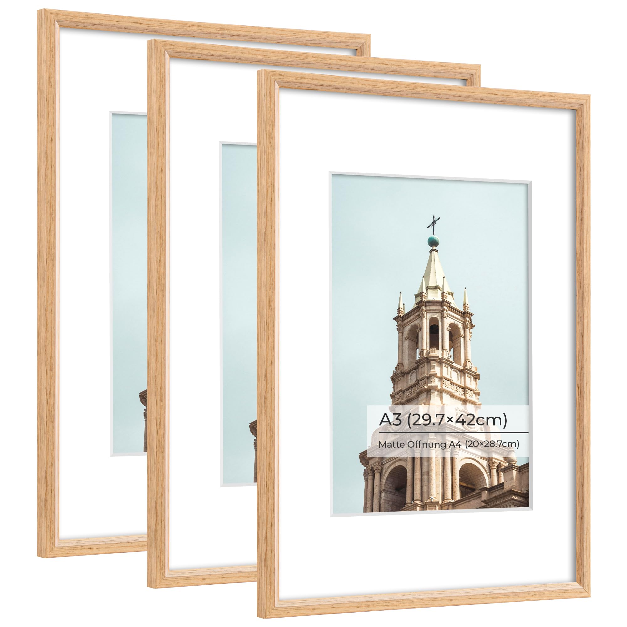 A3 Picture Frame, Display Pictures A4 with Mat or A3 Without Mat, Wall and Tabletop Display Photo Frame, Natural Woodgrain, 3 Packs