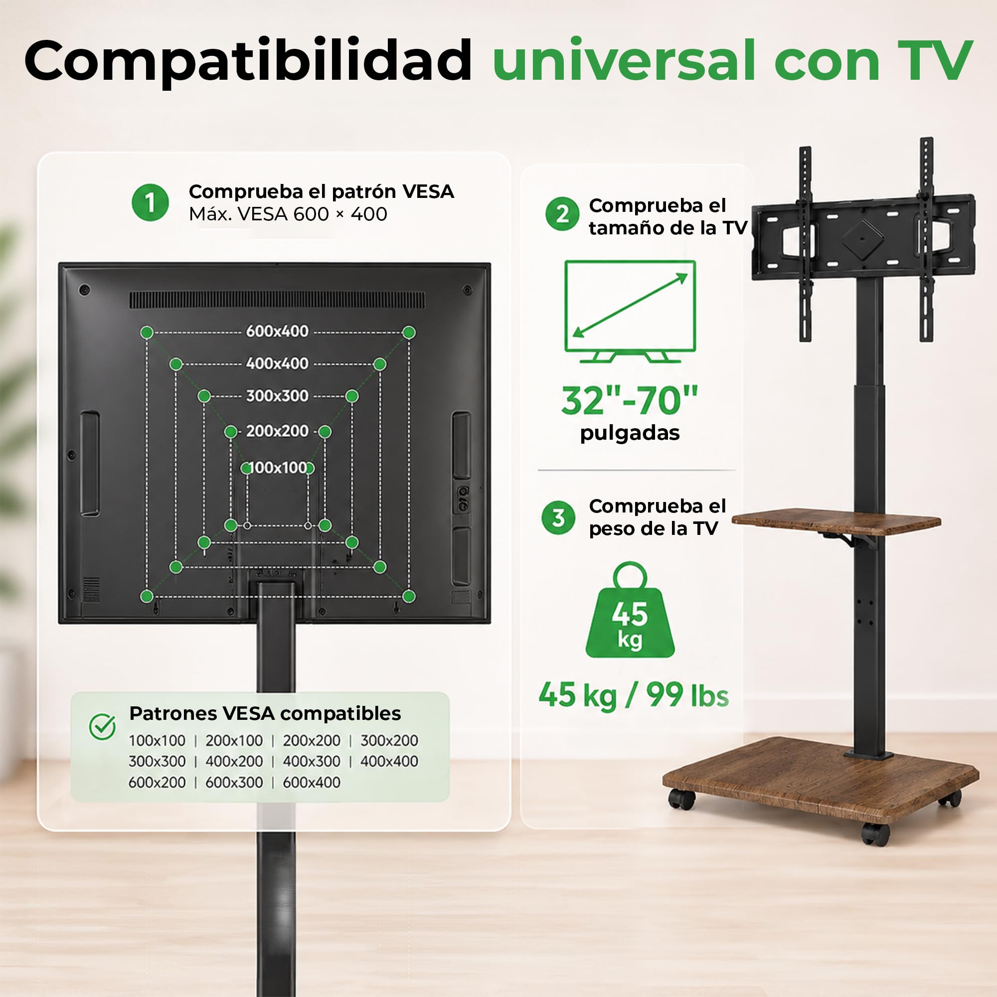 Soporte TV Pie Portátil Delphos con Base de Madera, Soporte TV Ruedas, para TV de 32-70" y hasta 45 kg, TV Stand Regulable en Altura hasta Aprox. 130 cm, Giratorio ±25°, VESA MAX. 600x400