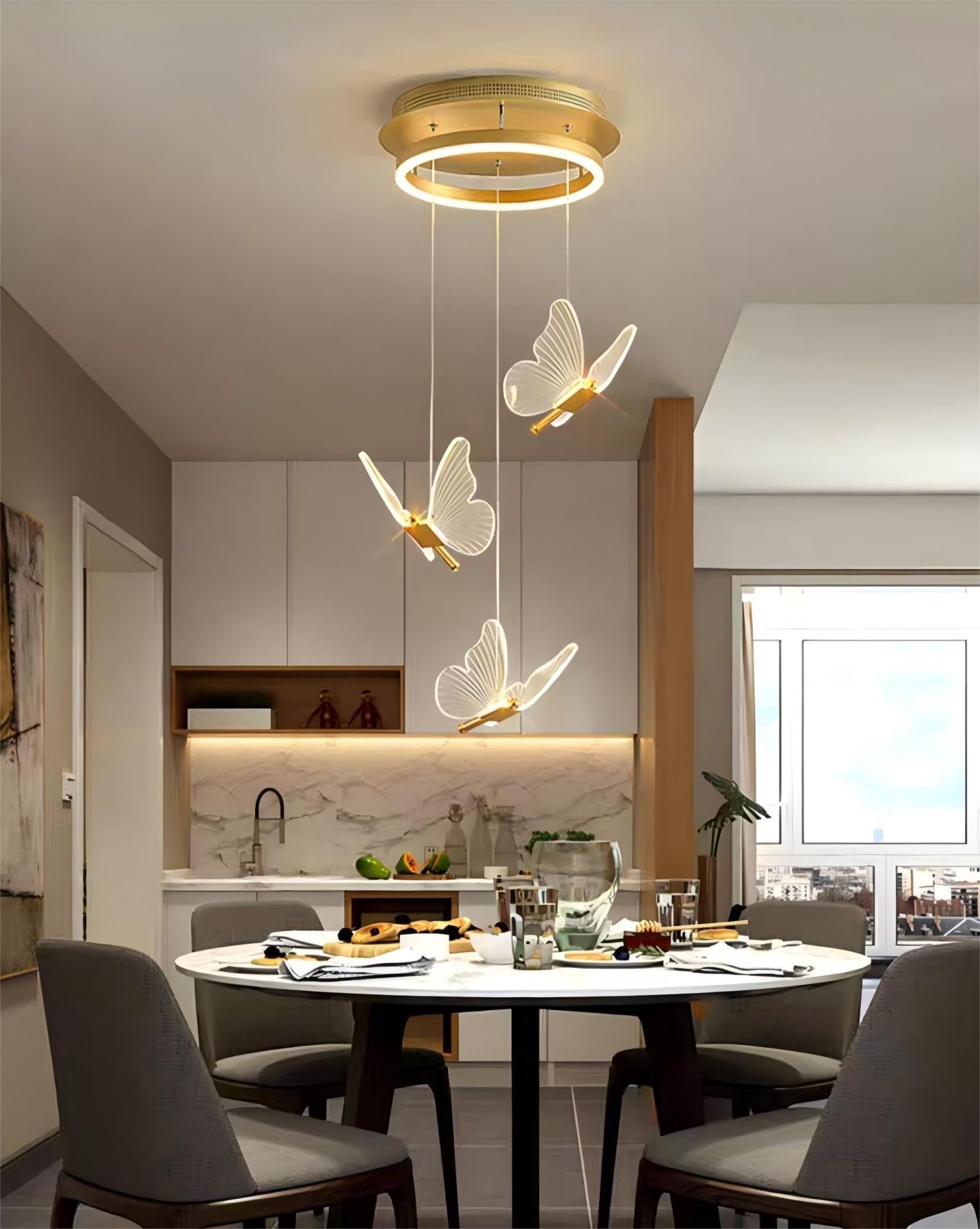 RuiRfh Modern stair chandelier LED dimmable aluminum butterfly shape Pendant Light gold interior decoration lighting fixture Nordic style suitable for living room villa hotel cloakroom chandeliers(Whi