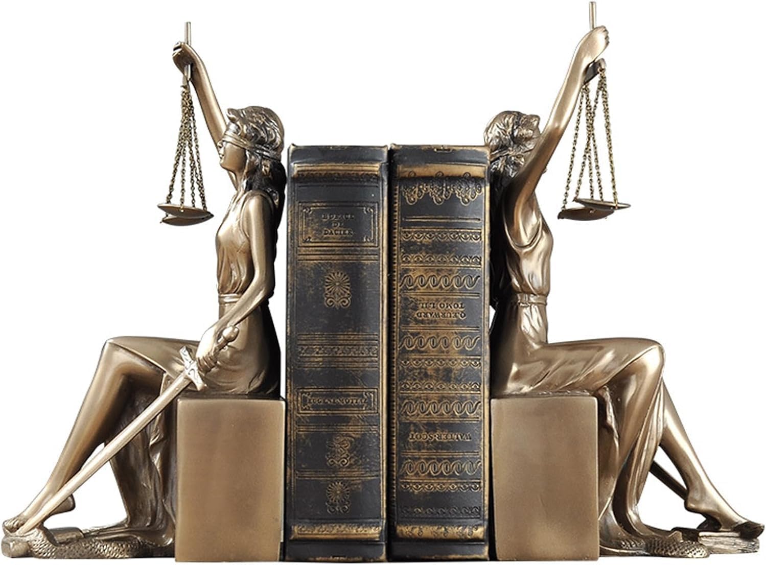 Serre-livres Justitia dorés : statue de la déesse pour bibliothèque et bureau