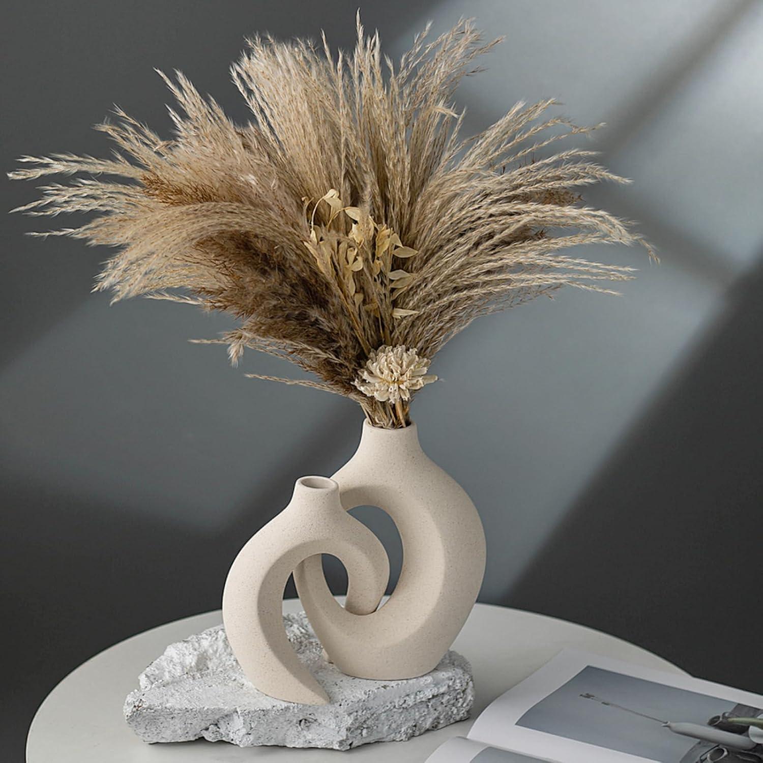 Snuggle Hollow Ceramic Vase Set of 2 for Coffee Table Decor, Donut Decorative Vases for Boho Modern Table Centerpieces Home Living Room Entryway Table Shelves Decoration (Beige W 6.3" X H 8.4") Beige L