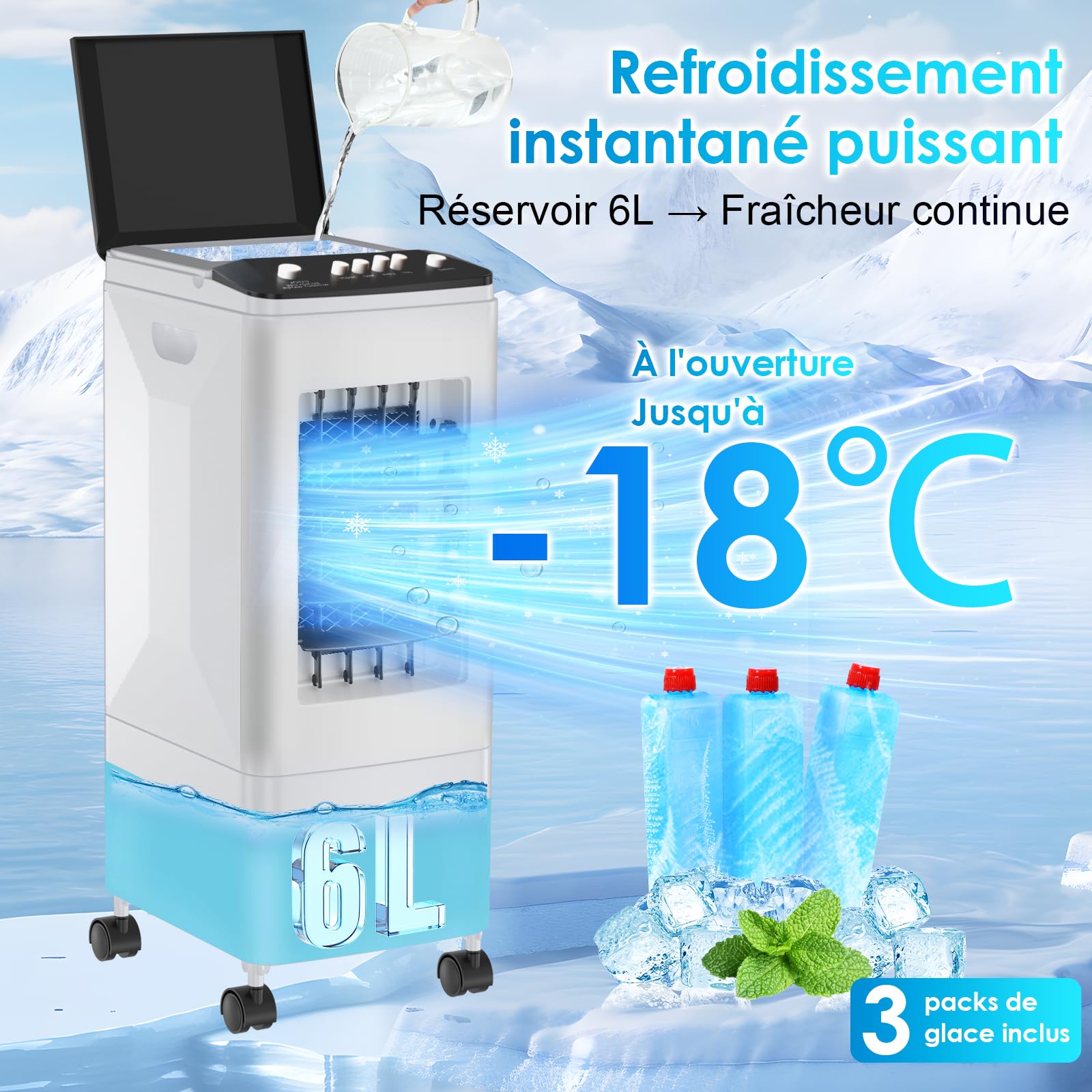 Climatiseur Mobile 3-en-1 Rafraîchisseur d’Air, Réservoir 6L, 3 Blocs Réfrigérants, 60W Économie d’Énergie, 35dB Silencieux, Oscillation 60°, 3 Vitesses, Humidificateur, Ventilateur, Maison, Bureau