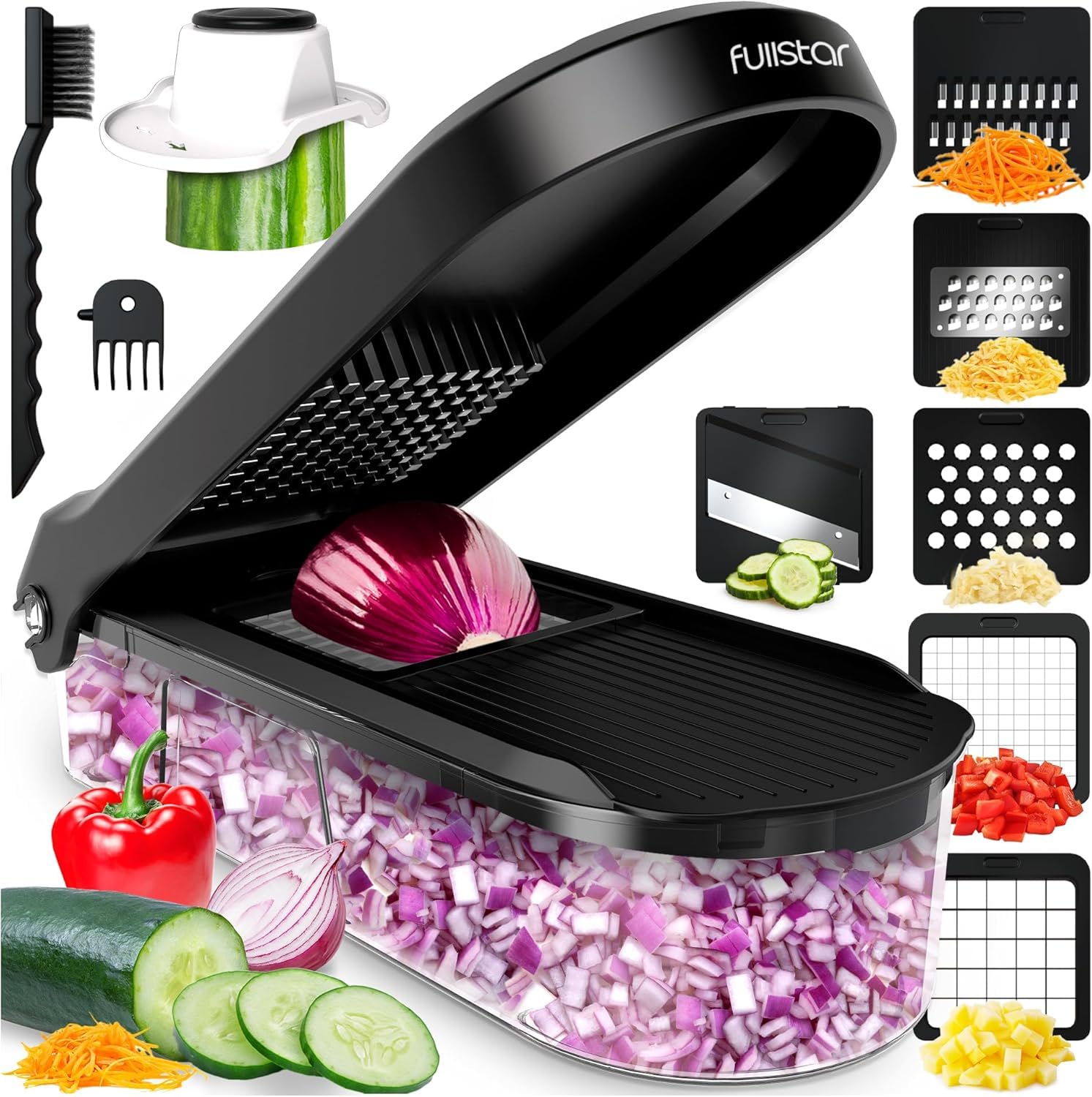 Fullstar Vegetable Chopper, Cheese Slicer, Food Chopper, Veggie Chopper, Onion Chopper, Vegetable Chopper with Container, Mandoline Slicer & Cheese Grater (6 in 1 - Black)