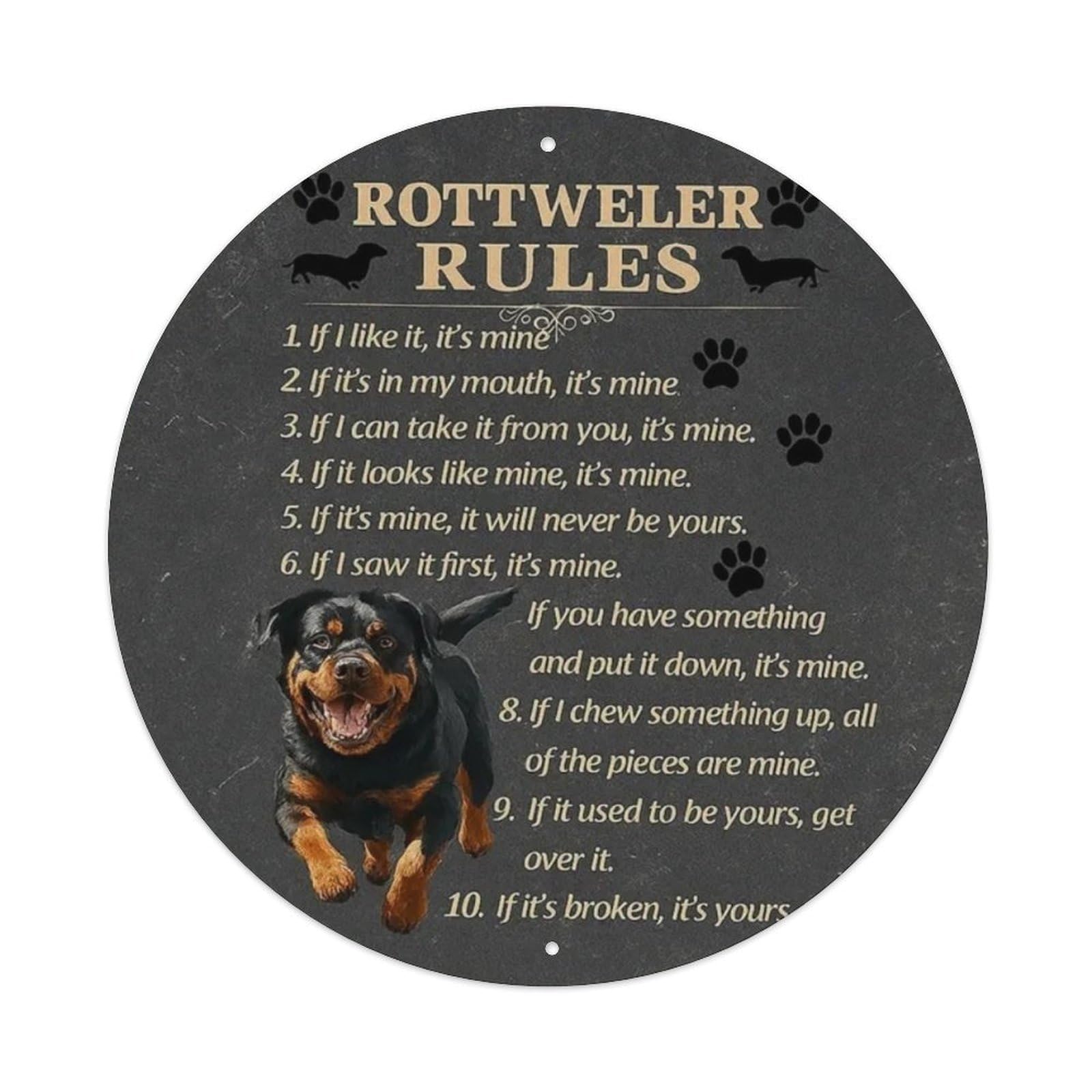 Funny Rottweiler Rules Round Tin Sign Vintage Metal Sign Home Bar Garden Wall Decor Metal Poster 8x8 Inch