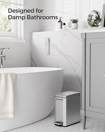 Miniatura 3 de SONGMICS Juego de basurero de baño y escobilla de inodoro, cubo de basura pequeño de 1.3 galones con tapa, delgado para espacios pequeños, cubo de