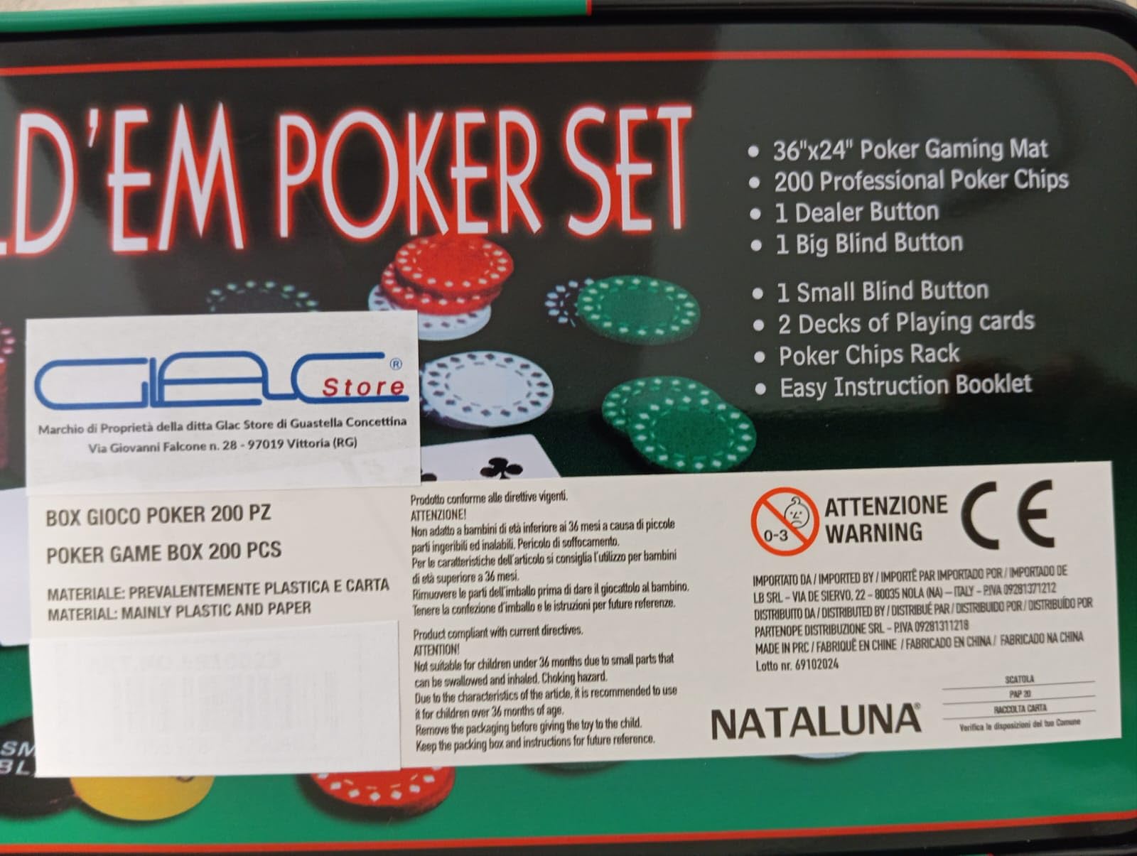 Set da Poker con Scatola in Metallo, 200 Fiches Colorate, 2 Mazzi di Carte, Fiches Dealer, Panno Verde, Big Blind, Small Blind