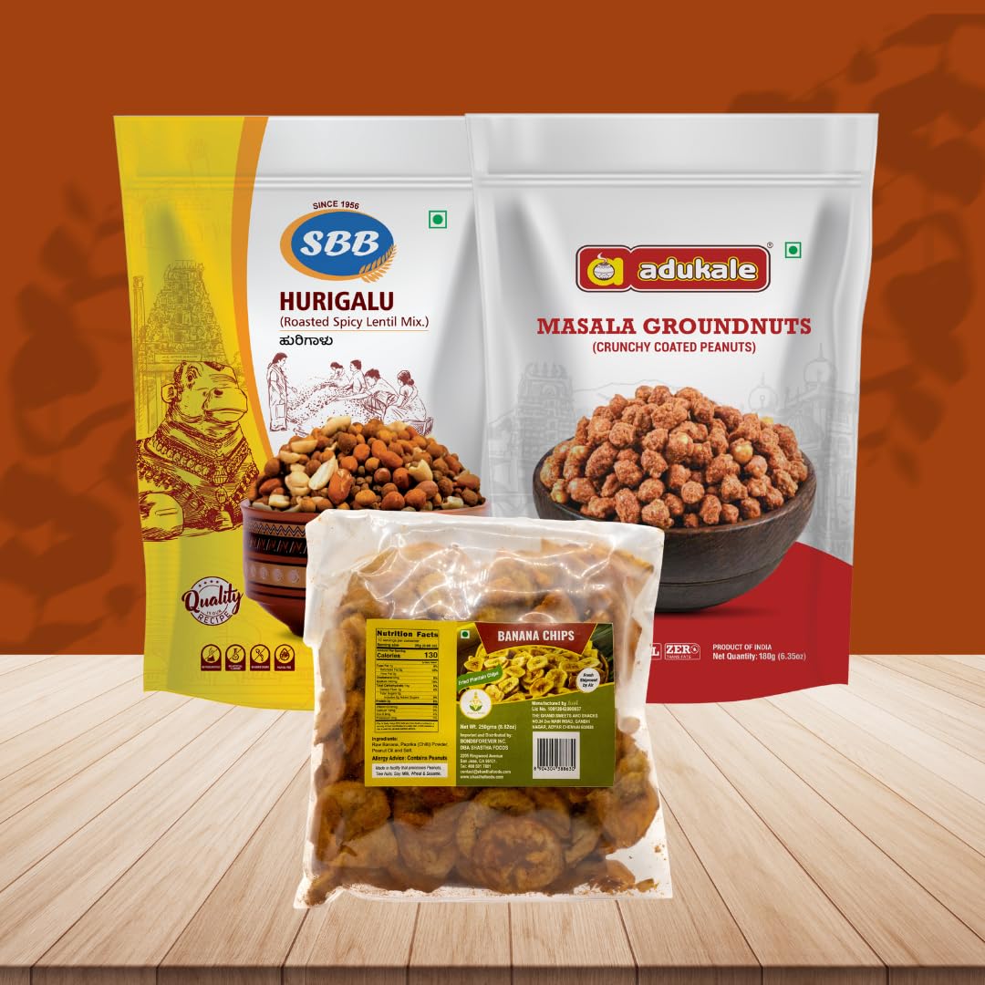 Adukale, Grand Sweets and Snacks, SBB Snacks Combo Pack - B (Pack of 3) Contains - SBB -Hurigalu 200g, ADK - Masala Groundnut 180g and GSS -Banana